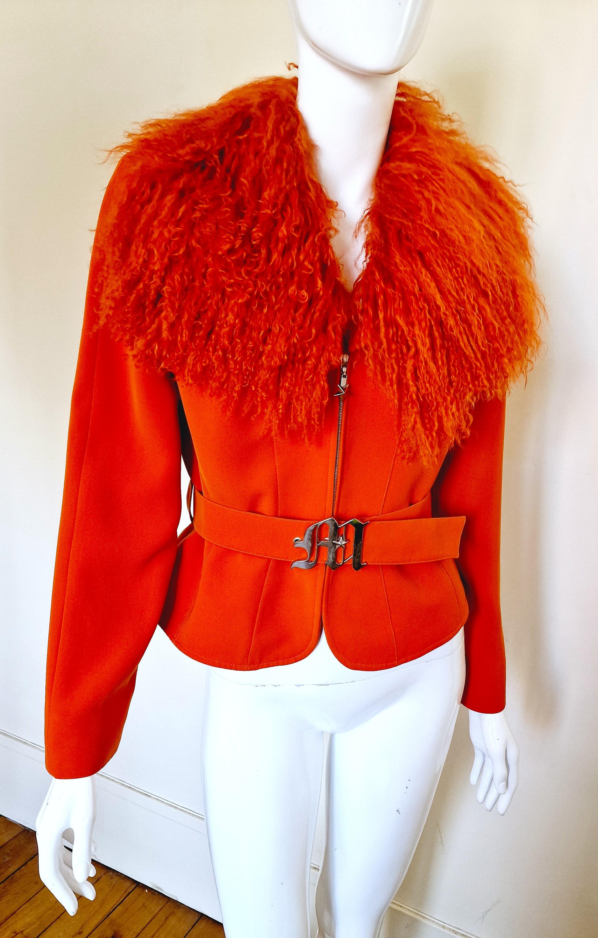 Thierry Mugler Lamb Fur Metal Belt Wasp Waist Bee Orange Small Medium  Jacket For Sale 1