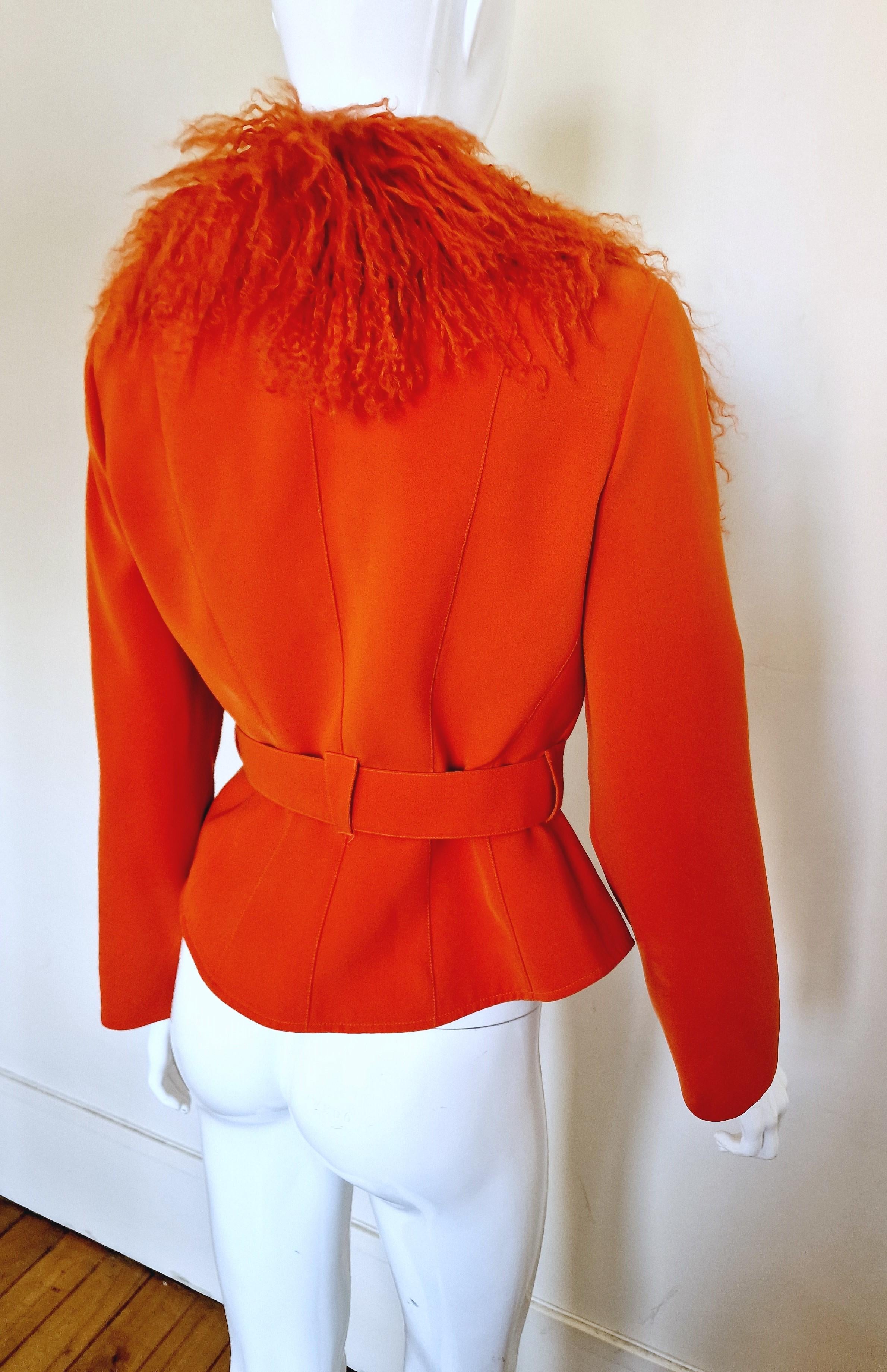 Thierry Mugler Lamb Fur Metal Belt Wasp Waist Bee Orange Small Medium  Jacket For Sale 2