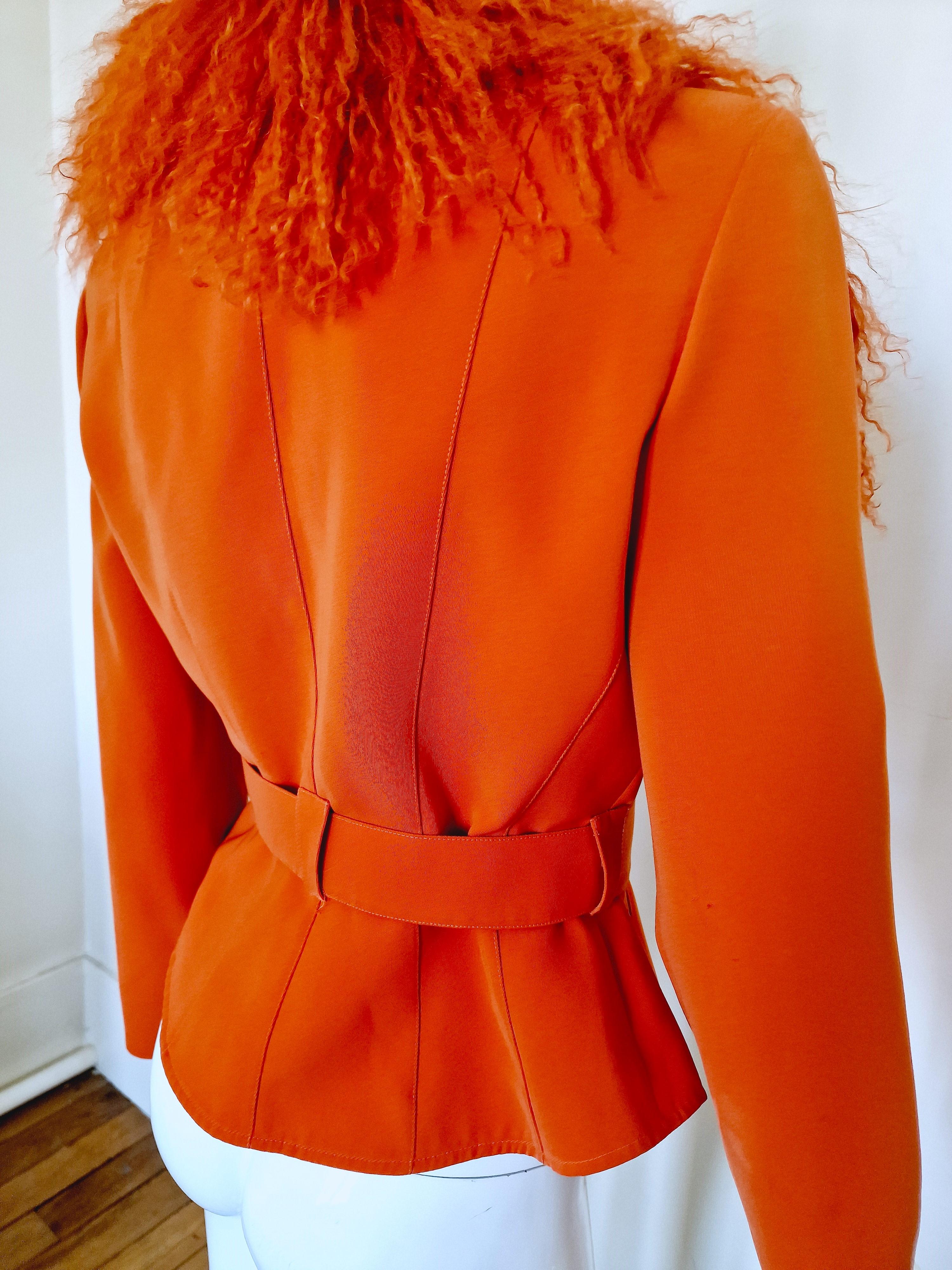 Thierry Mugler Lamb Fur Metal Belt Wasp Waist Bee Orange Small Medium  Jacket For Sale 3