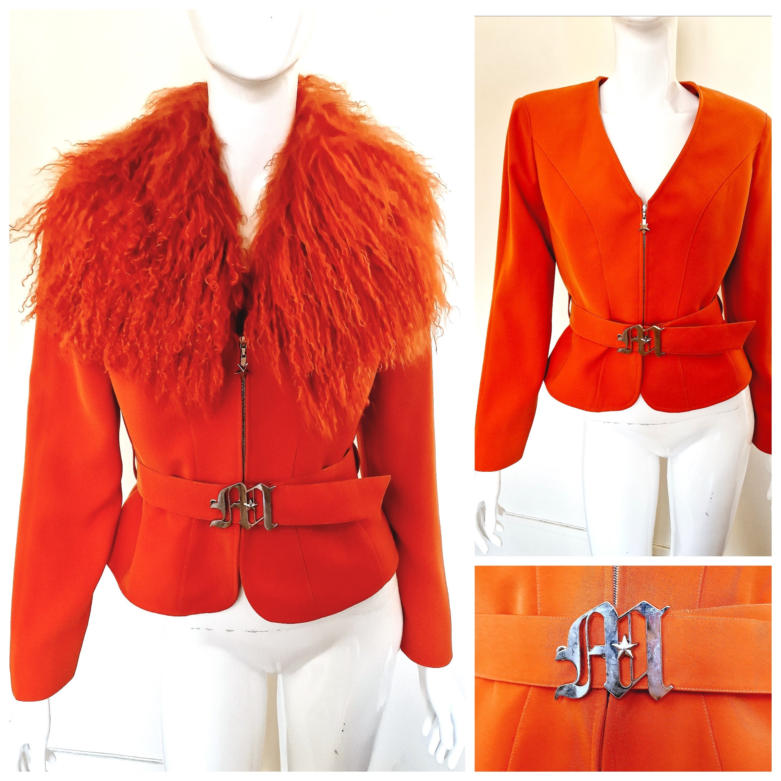Thierry Mugler Lamb Fur Metal Belt Wasp Waist Bee Orange Small Medium  Jacket For Sale