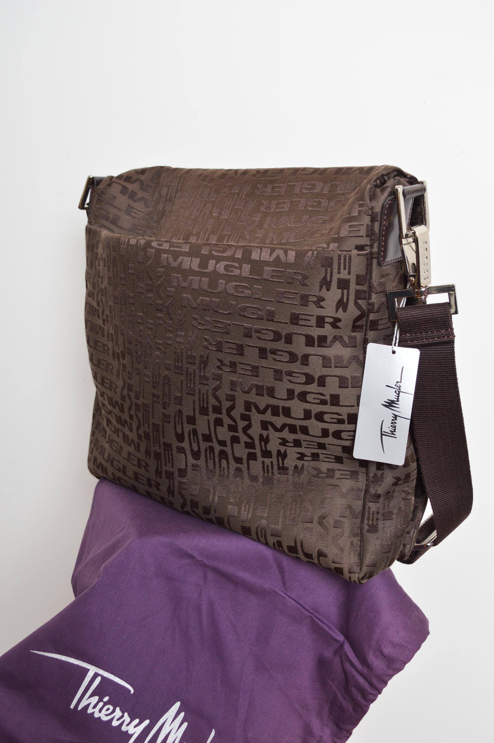 Thierry Mugler Large sacoche en jacquard marron chocolat - ordinateur portable en vente 5