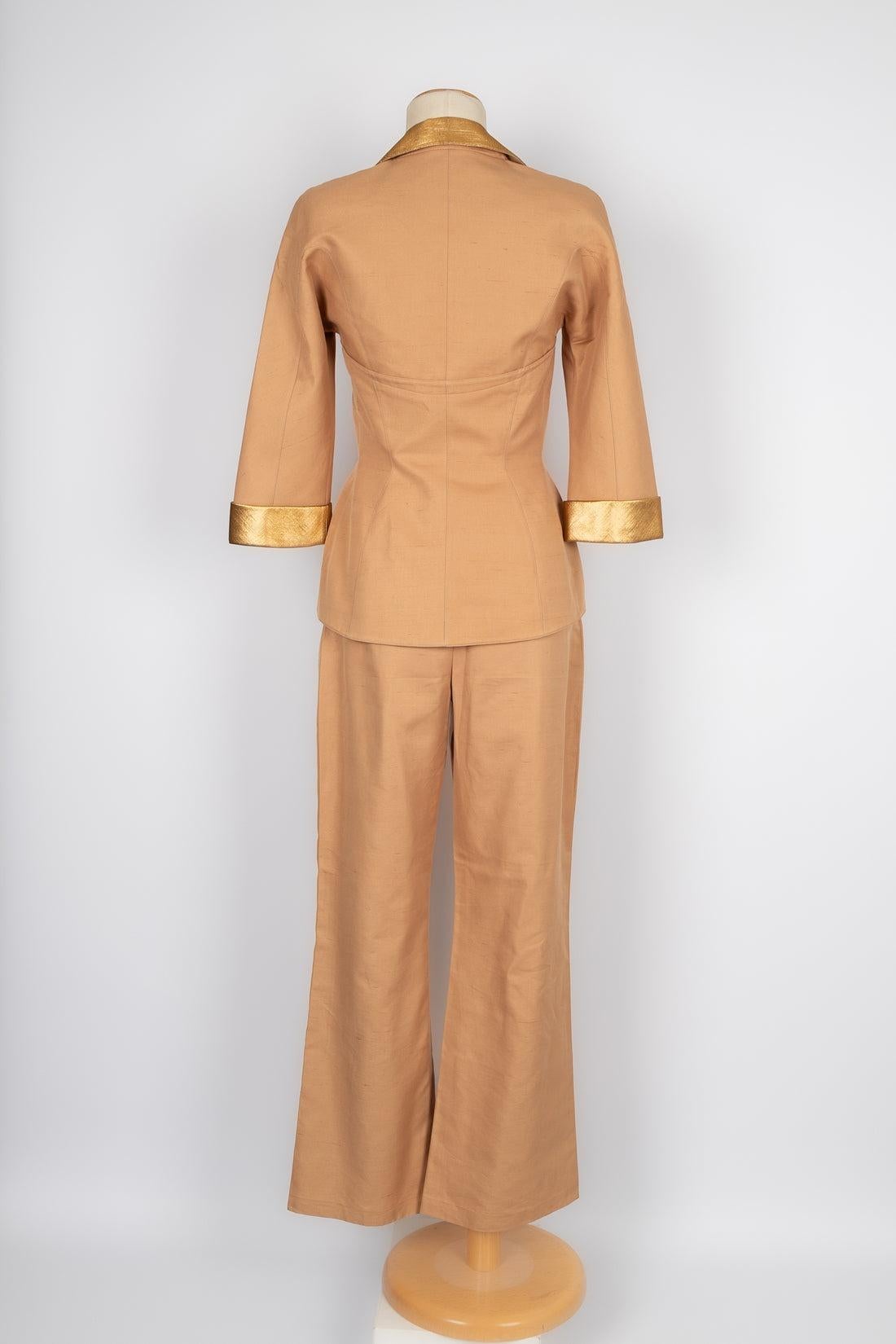 Thierry Mugler Light-Brown Wild Silk Set Couture In Excellent Condition For Sale In SAINT-OUEN-SUR-SEINE, FR