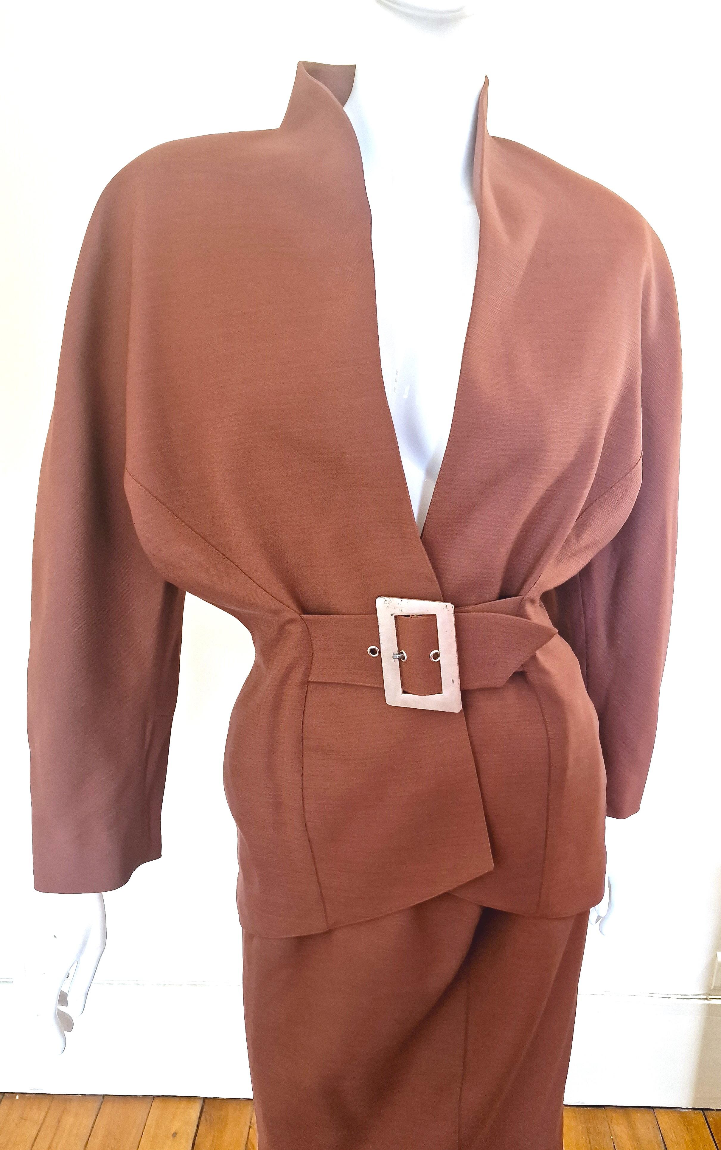 Thierry Mugler Metal Belt Wasp Waist Couture Large Ensemble Brown Dress Suit 8