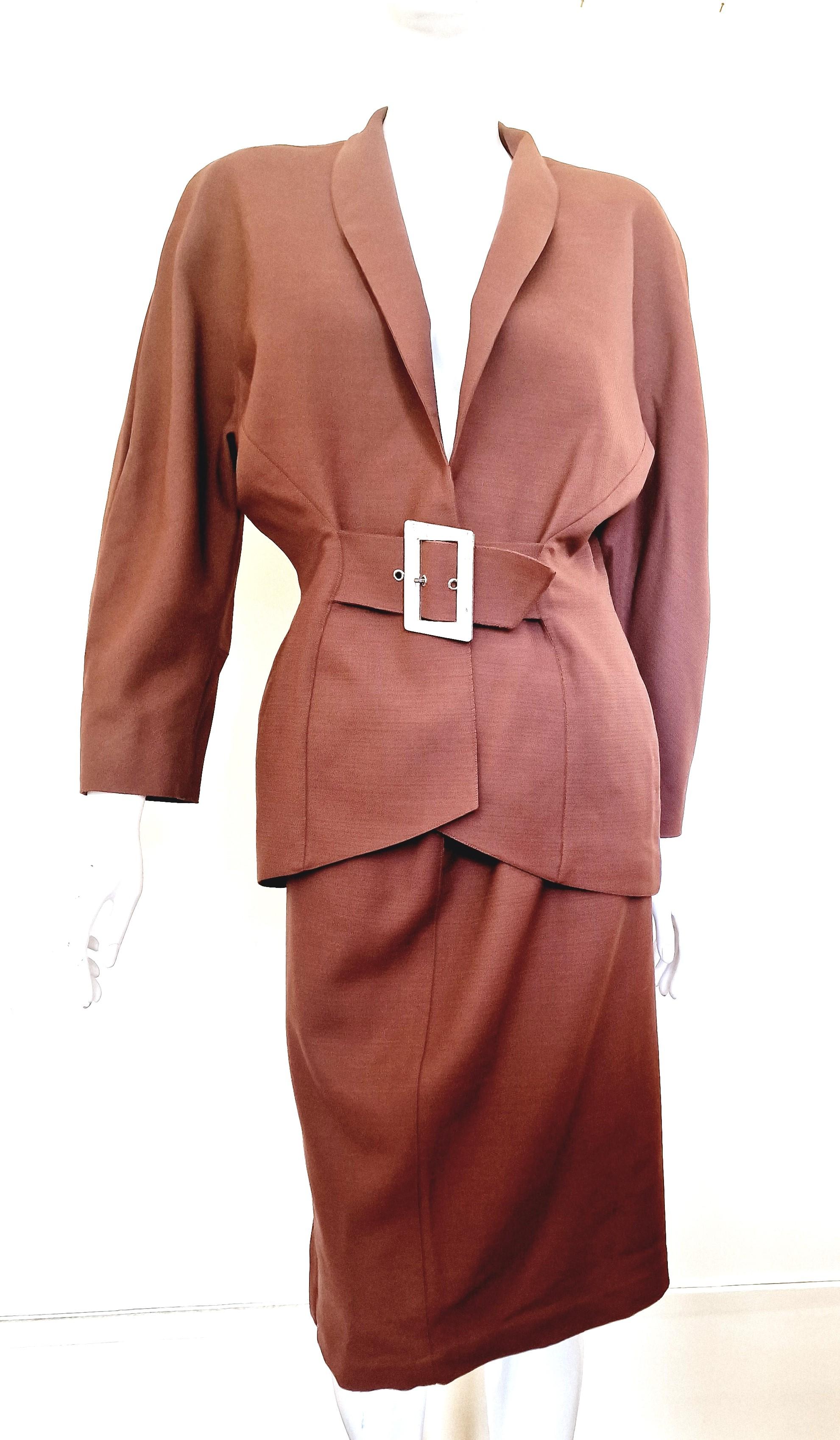 Women's Thierry Mugler Metal Belt Wasp Waist Couture Large Ensemble Brown Dress Suit