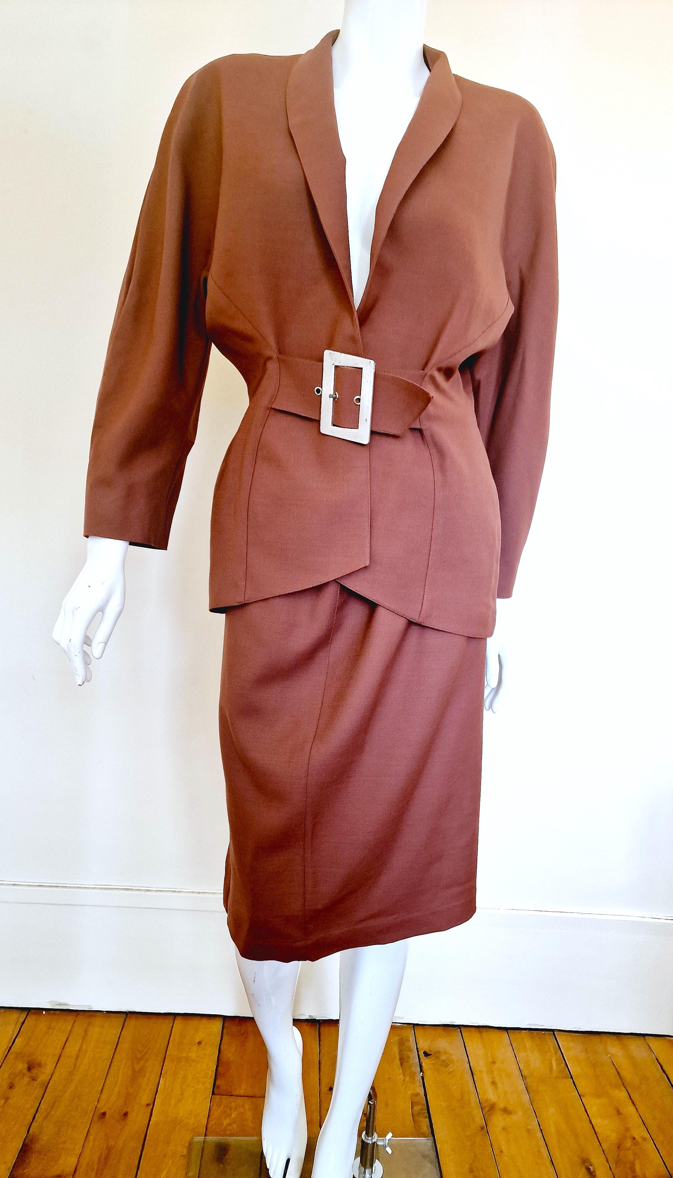 Thierry Mugler Metal Belt Wasp Waist Couture Large Ensemble Brown Dress Suit 1