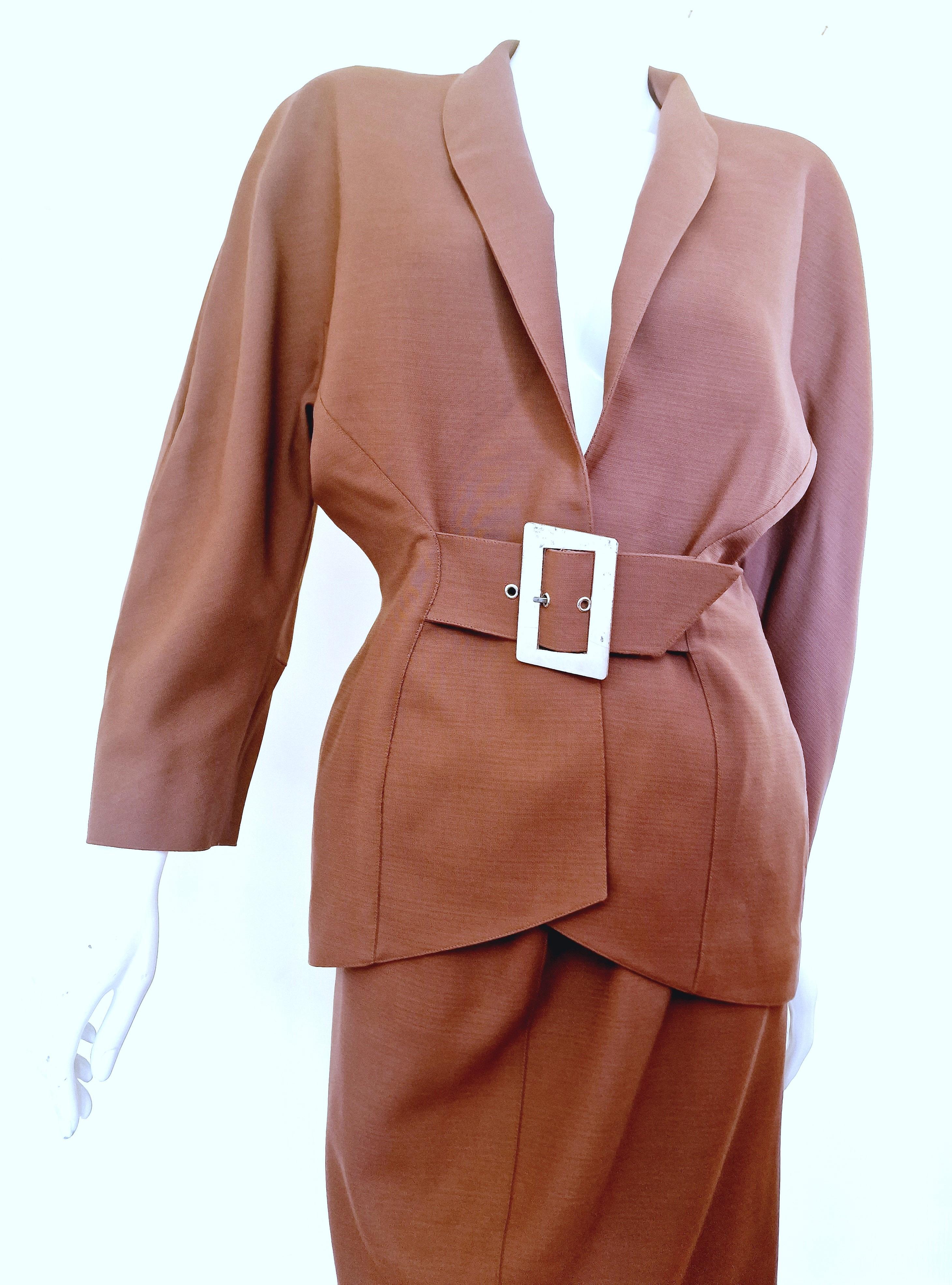Thierry Mugler Metal Belt Wasp Waist Couture Large Ensemble Brown Dress Suit 2