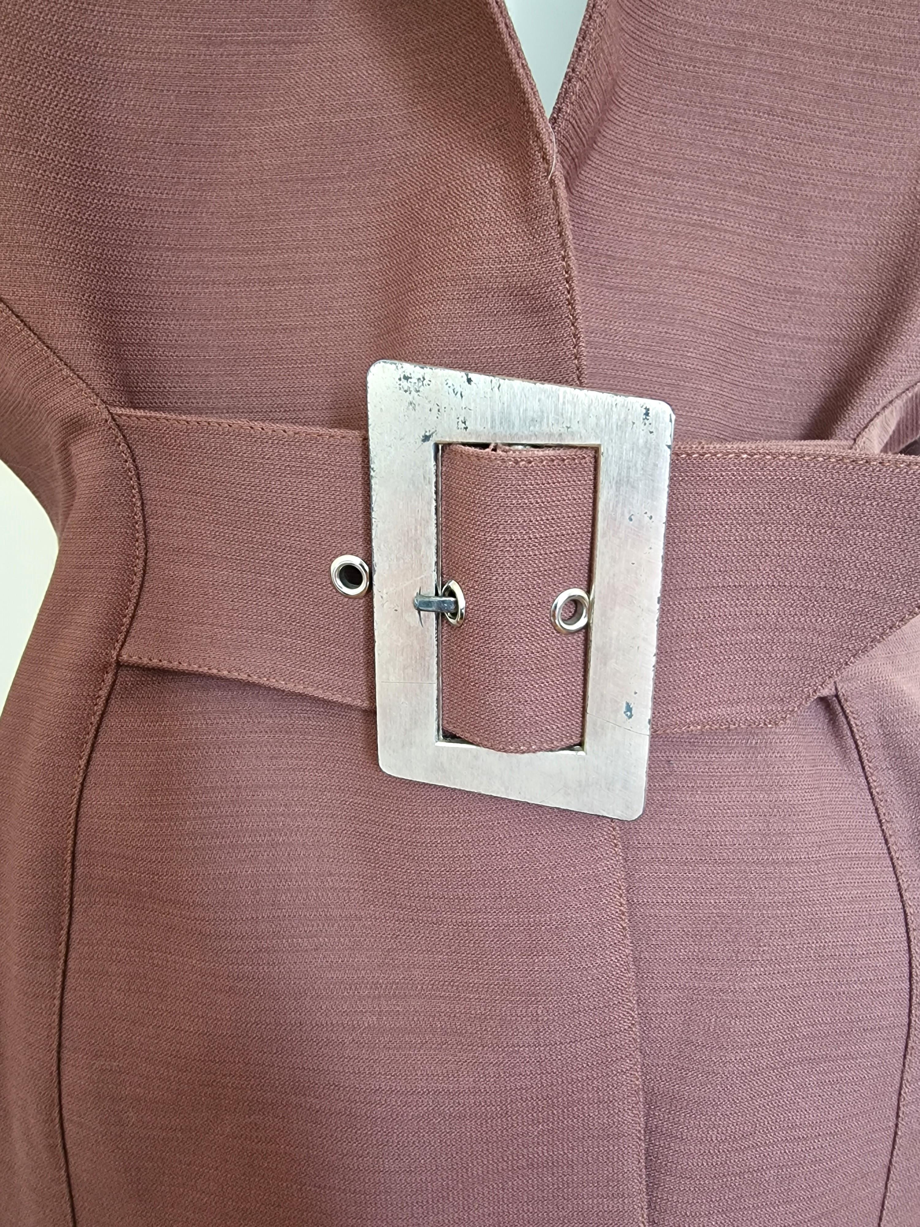Thierry Mugler Metal Belt Wasp Waist Couture Large Ensemble Brown Dress Suit 3