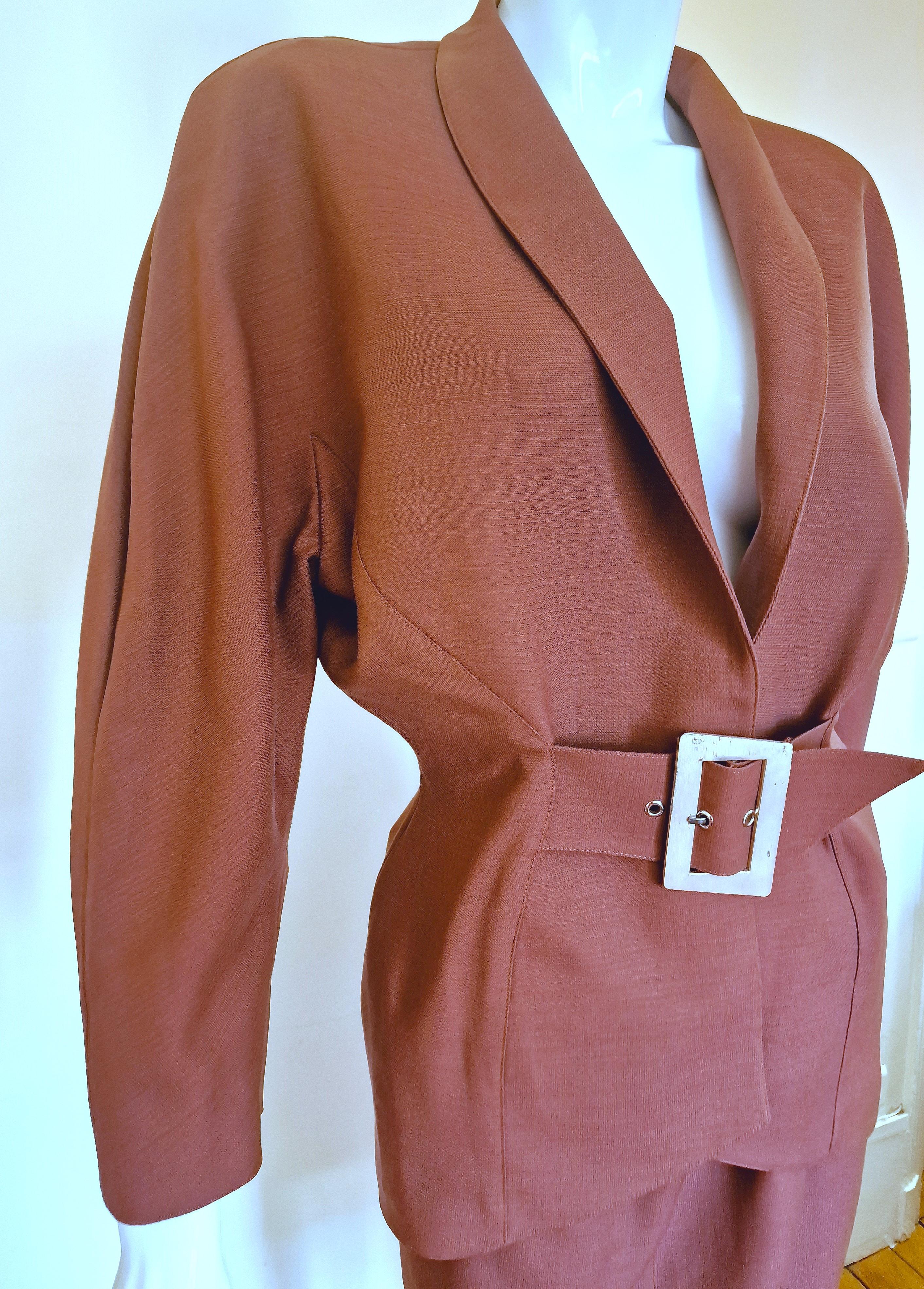 Thierry Mugler Metal Belt Wasp Waist Couture Large Ensemble Brown Dress Suit 4