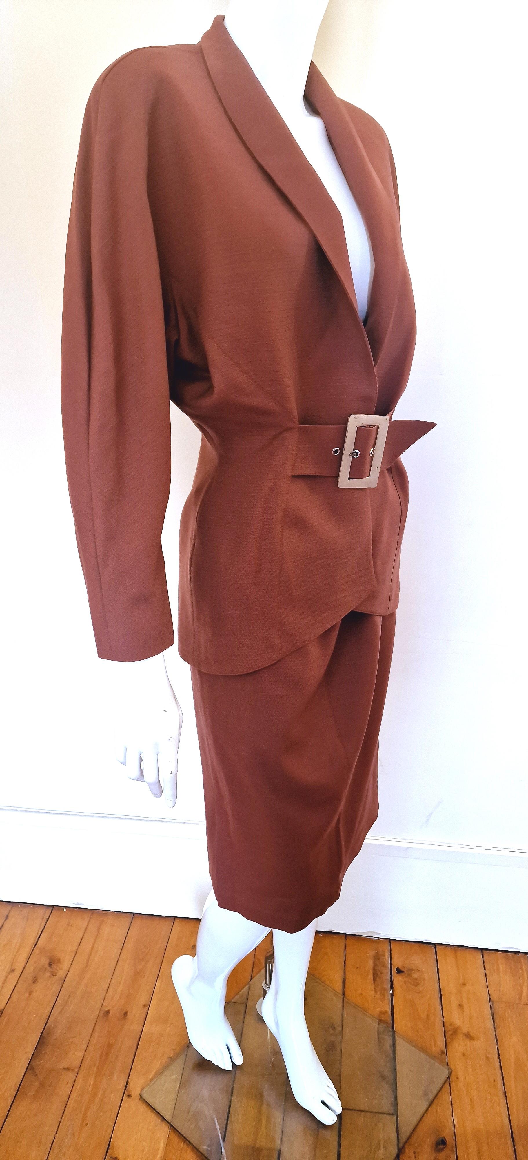 Thierry Mugler Metal Belt Wasp Waist Couture Large Ensemble Brown Dress Suit 5