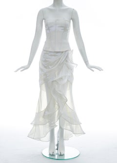 Thierry Mugler metallic pearl white corset and ruffled skirt ensemble, S/S 1999