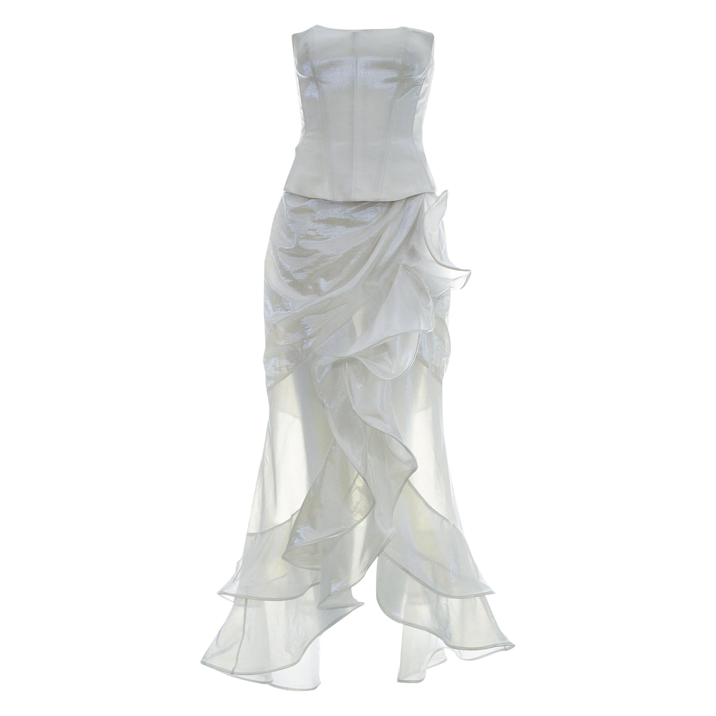Thierry Mugler metallic pearl white corset and ruffled skirt ensemble, S/S  1999 at 1stDibs | mugler white dress, thierry mugler 1999, mugler white