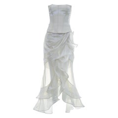 Retro Thierry Mugler metallic pearl white corset and ruffled skirt ensemble, S/S 1999