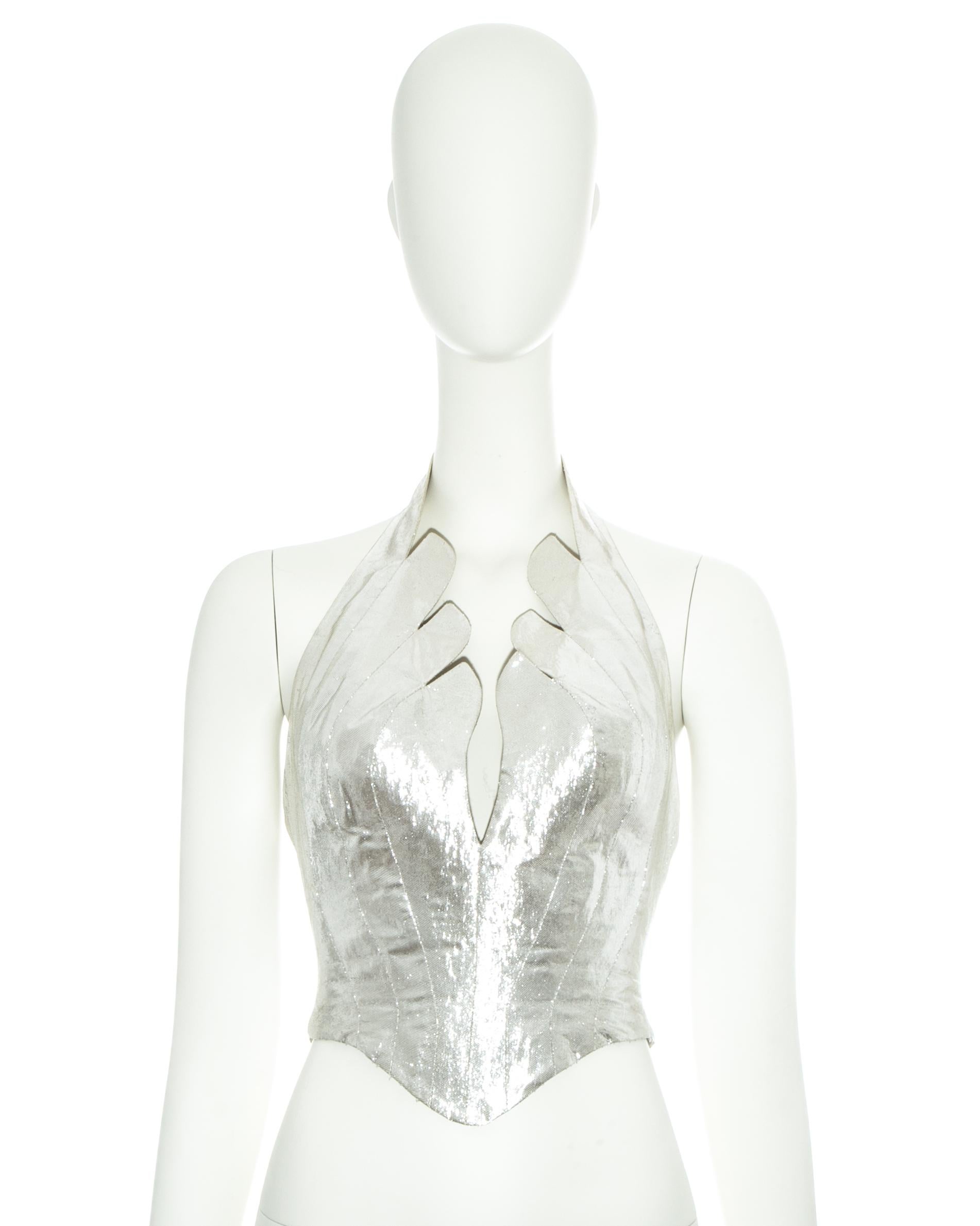 Thierry Mugler metallic silver polyester bustier corset with scalloped edge

Fall-Witner 1978