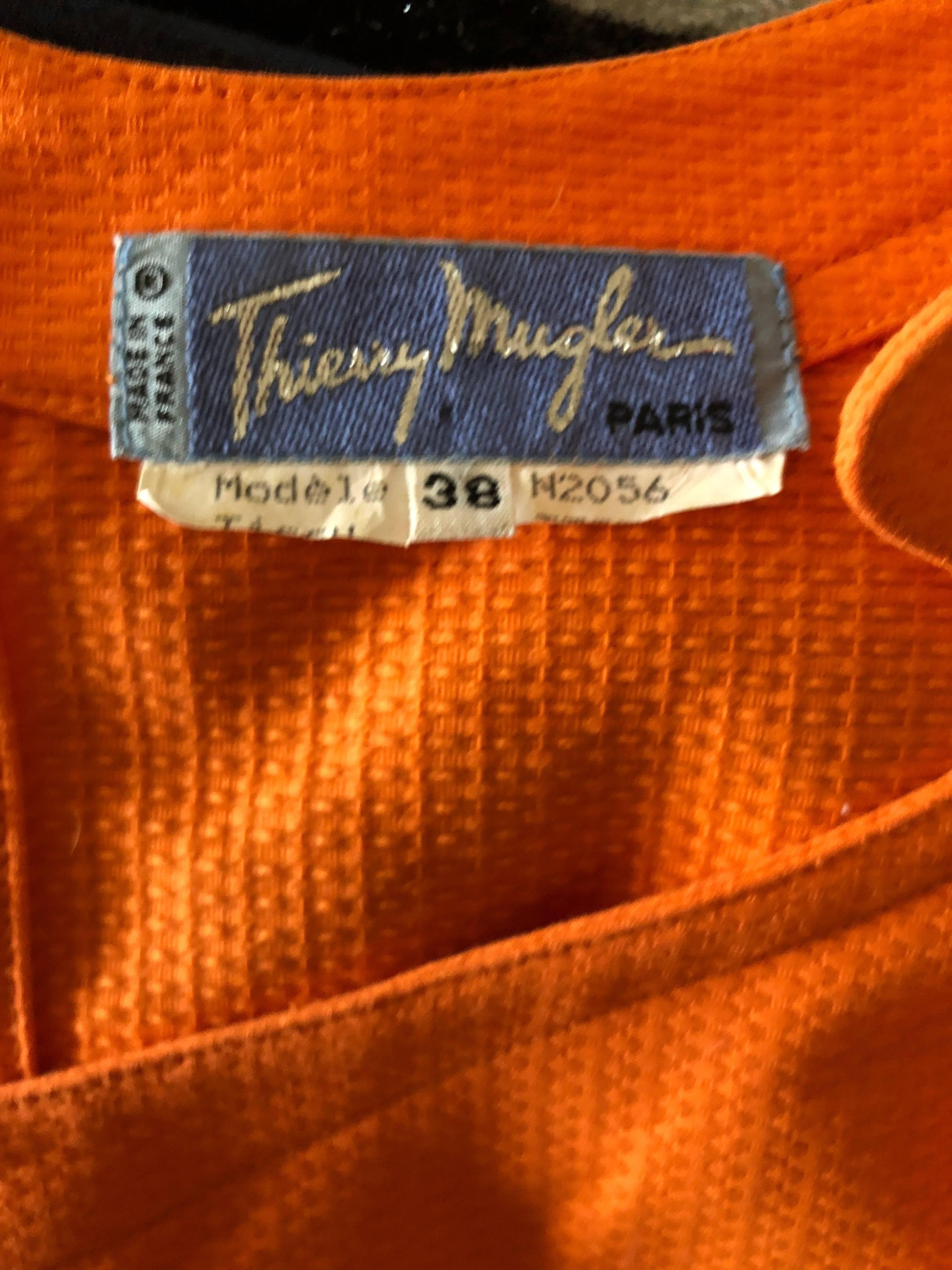 Thierry Mugler Mod Vintage 80's Tangerine Pique Cotton Mini Dress  For Sale 1