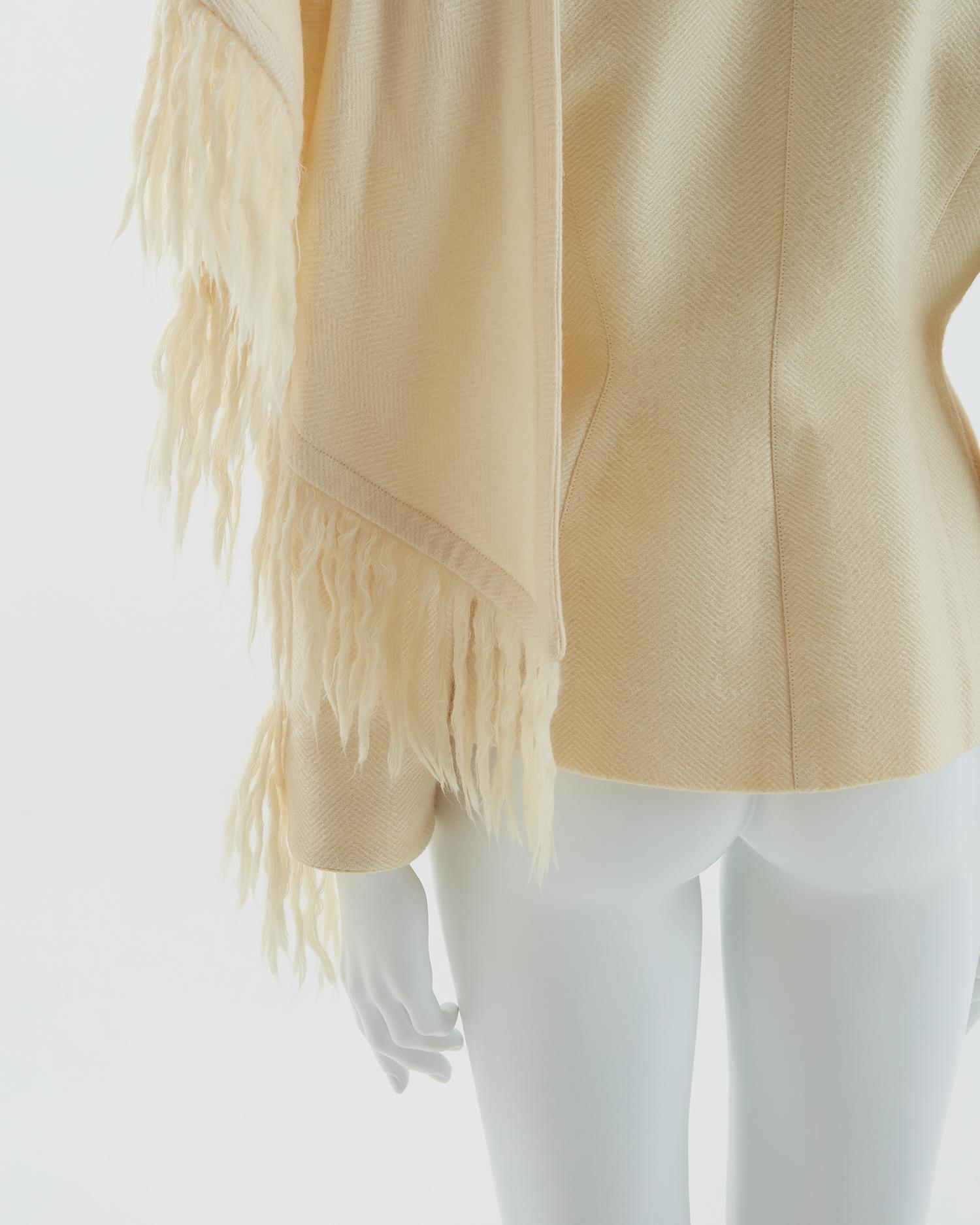 Thierry Mugler off-white mohair fringe scarf collar jacket and skirt suit, 1990s For Sale 6