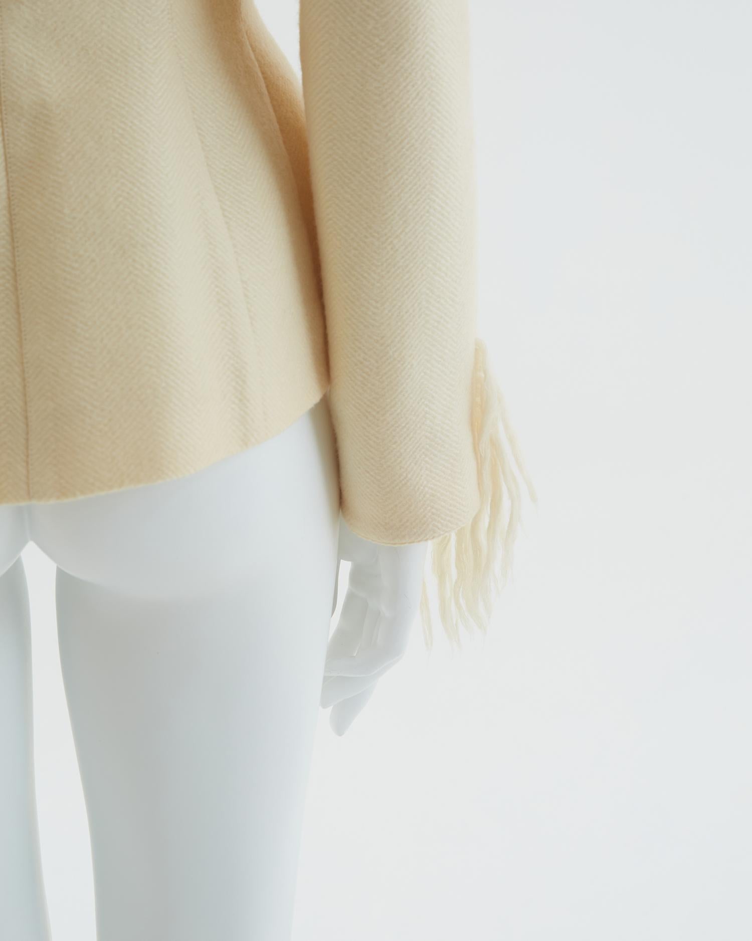 Thierry Mugler off-white mohair fringe scarf collar jacket and skirt suit, 1990s For Sale 8