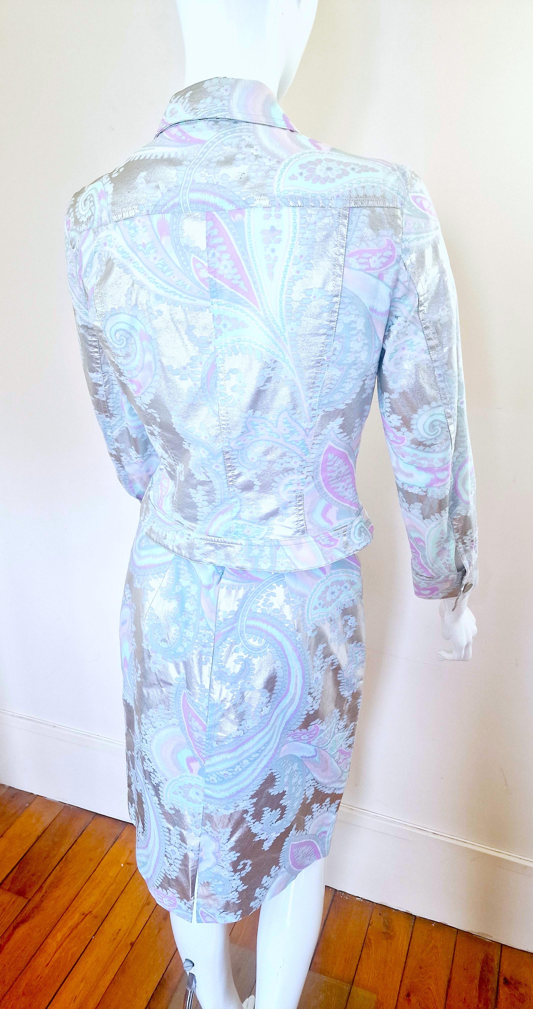 Thierry Mugler Paisley Silver Metal Shiny Blue Small Dress Set Jacket Skirt Suit For Sale 6