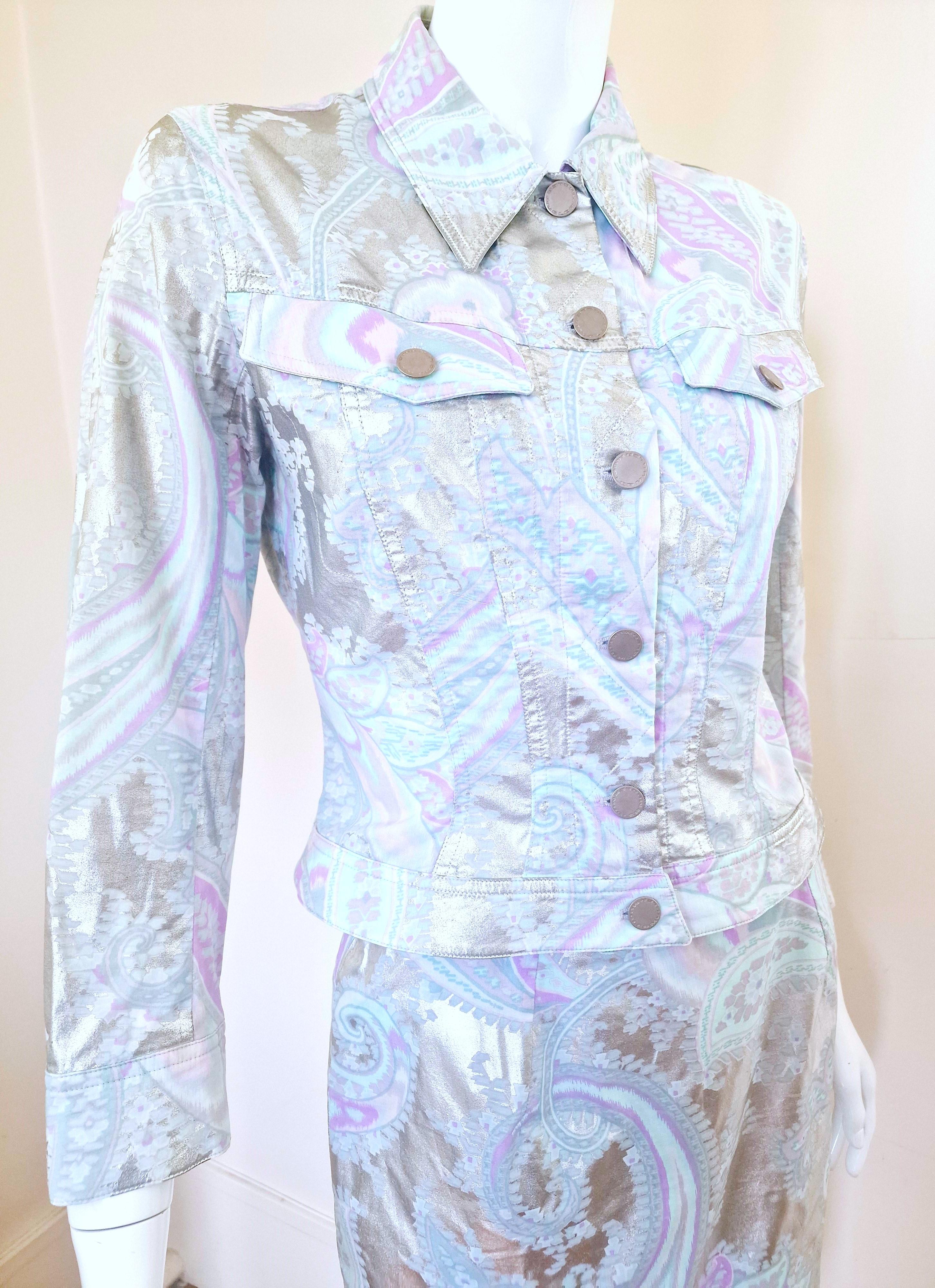 Thierry Mugler Paisley Silver Metal Shiny Blue Small Dress Set Jacket Skirt Suit For Sale 7