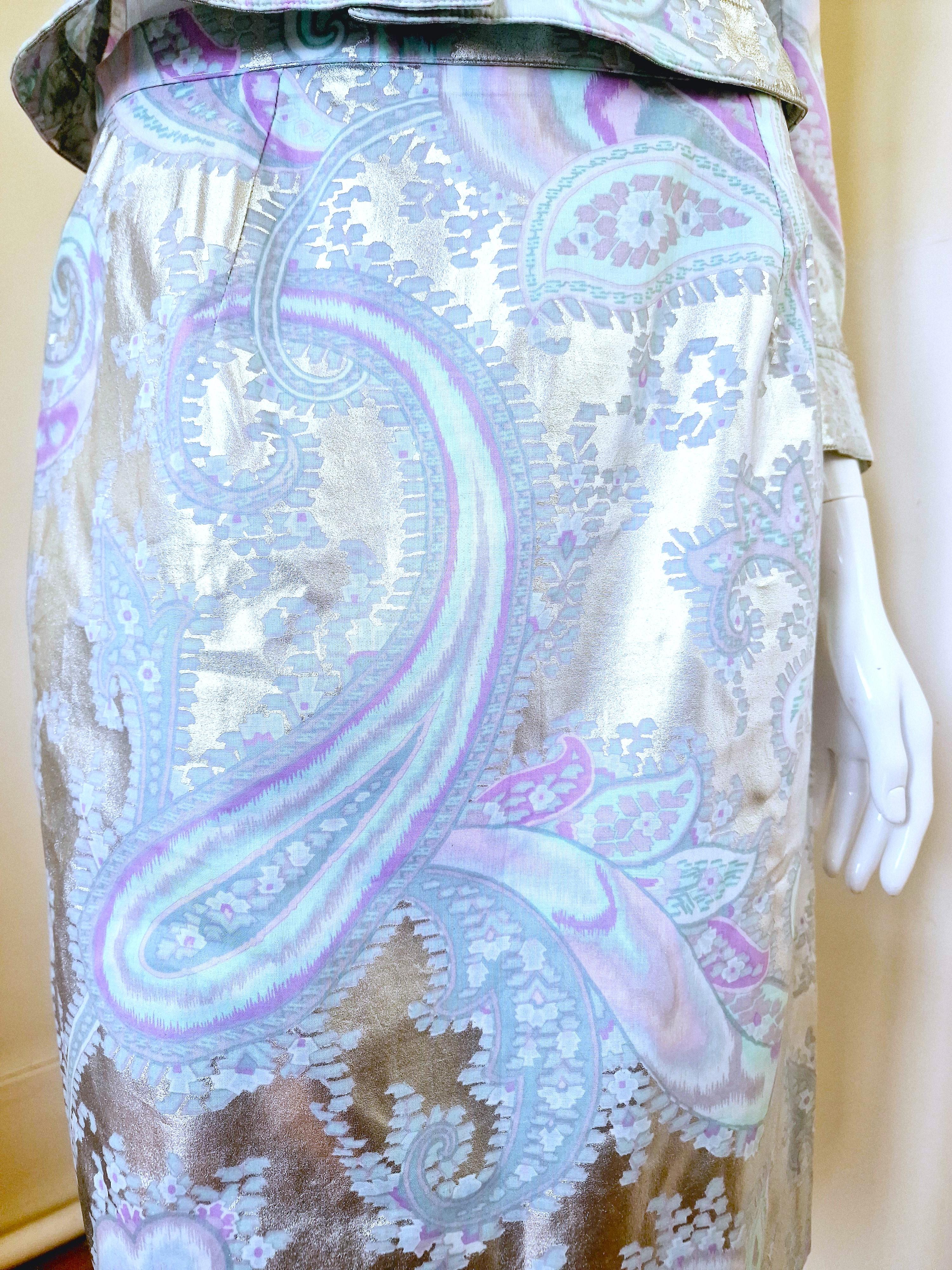 Thierry Mugler Paisley Silver Metal Shiny Blue Small Dress Set Jacket Skirt Suit For Sale 8