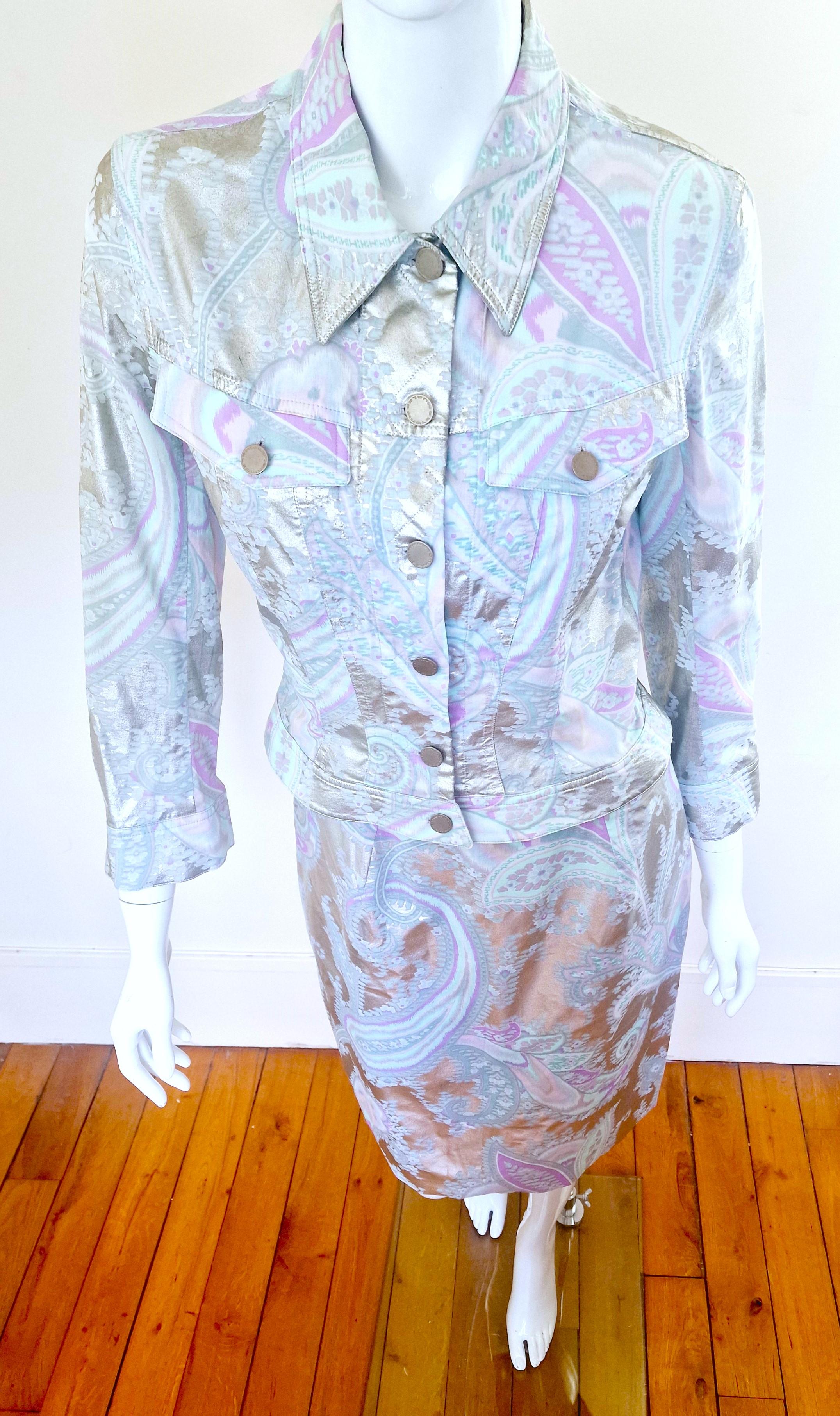 Thierry Mugler Paisley Silver Metal Shiny Blue Small Dress Set Jacket Skirt Suit In Excellent Condition For Sale In PARIS, FR