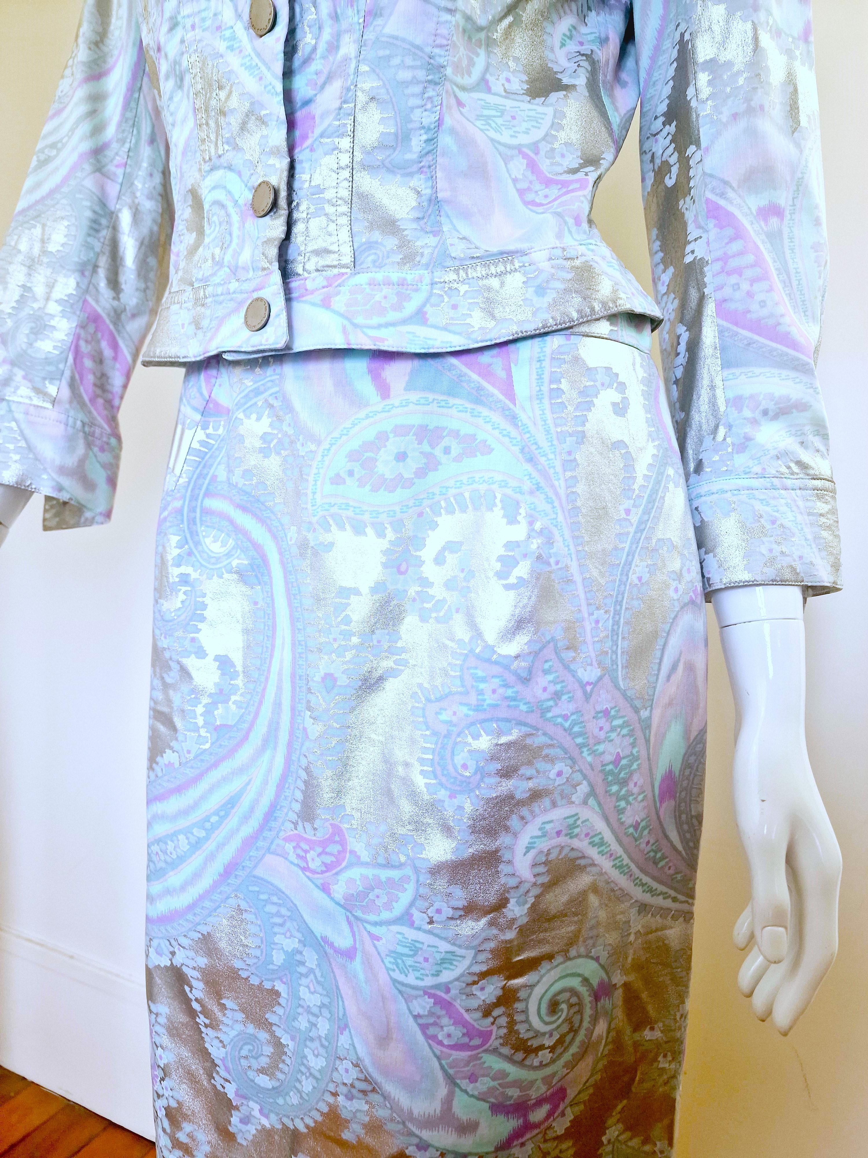 Thierry Mugler A Silver Silver Metal Shiny Blue Small Dress Set Jacket Skirt Suit Pour femmes en vente