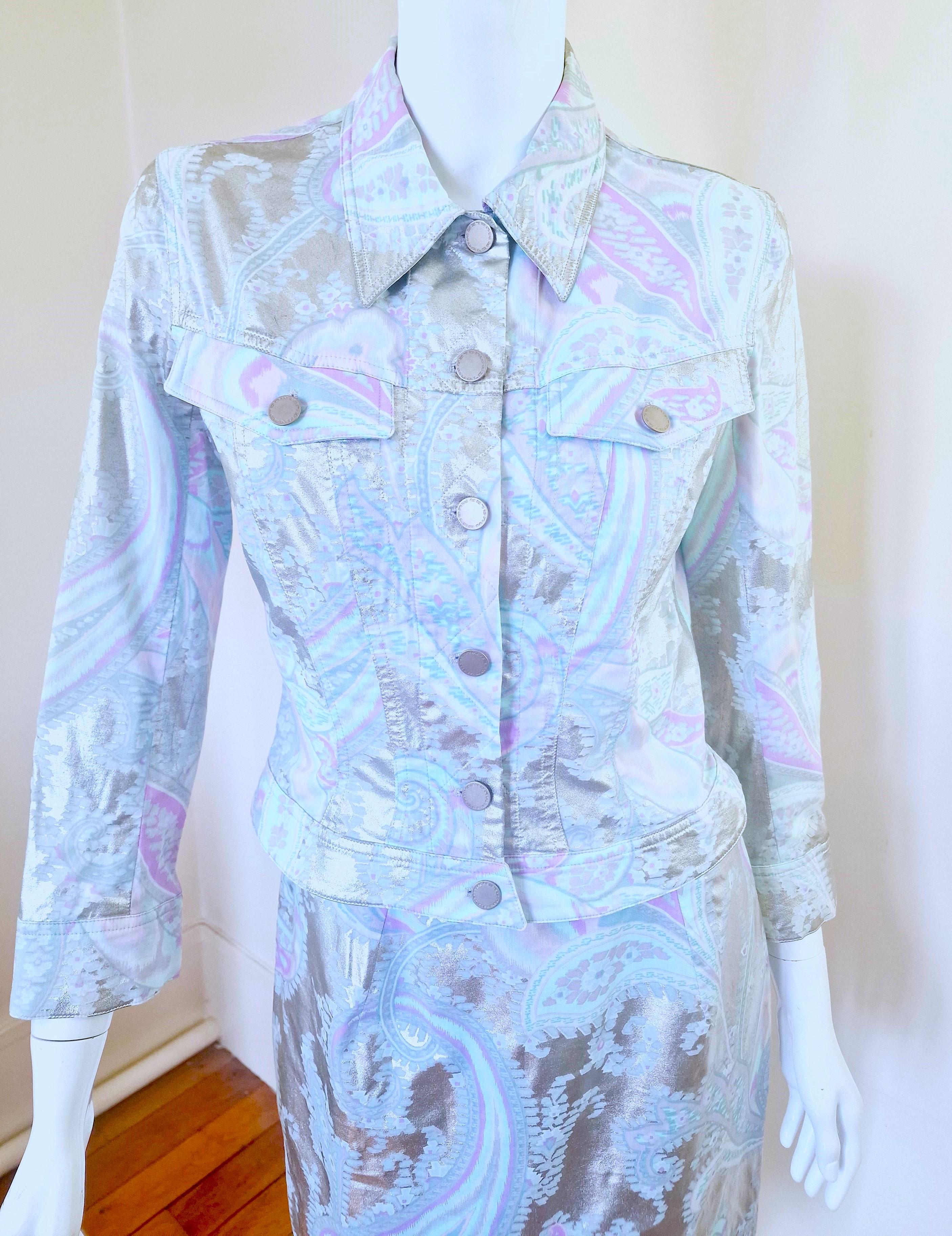 Thierry Mugler Paisley Silver Metal Shiny Blue Small Dress Set Jacket Skirt Suit For Sale 1
