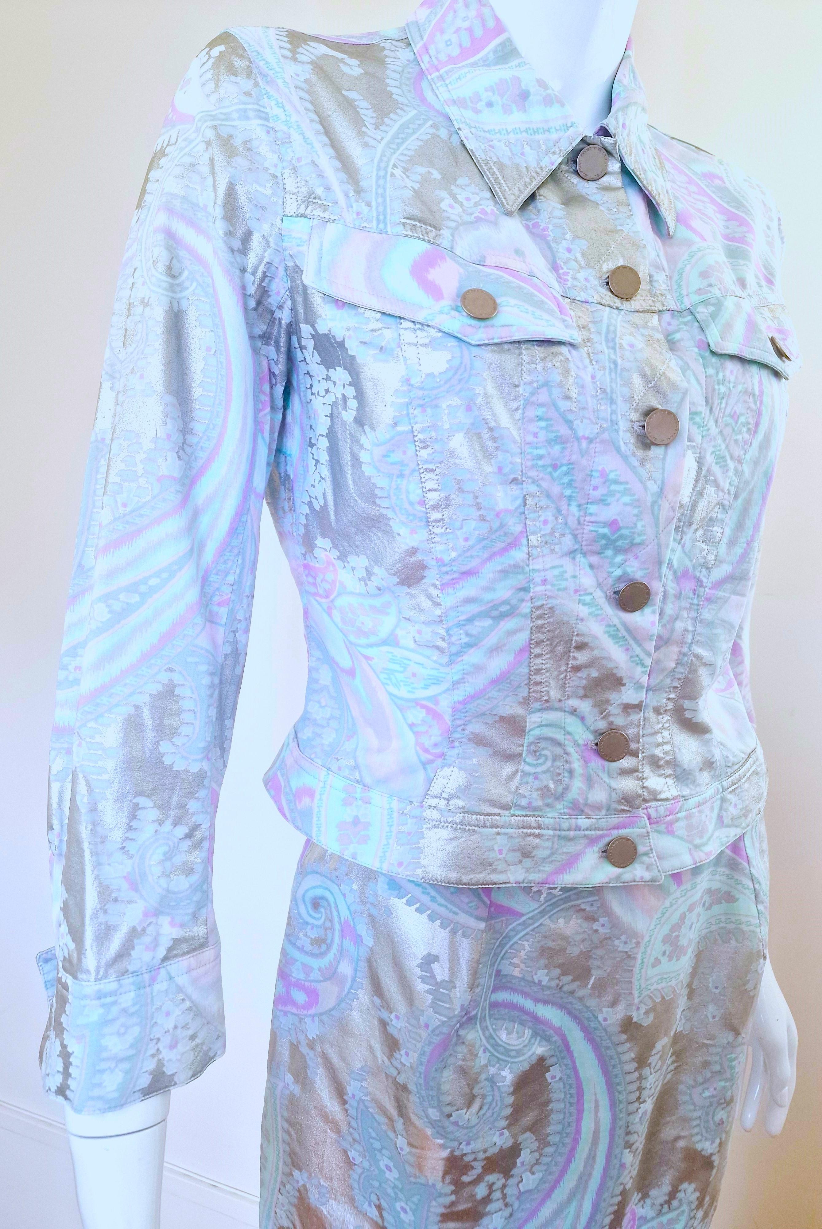 Thierry Mugler Paisley Silver Metal Shiny Blue Small Dress Set Jacket Skirt Suit For Sale 3
