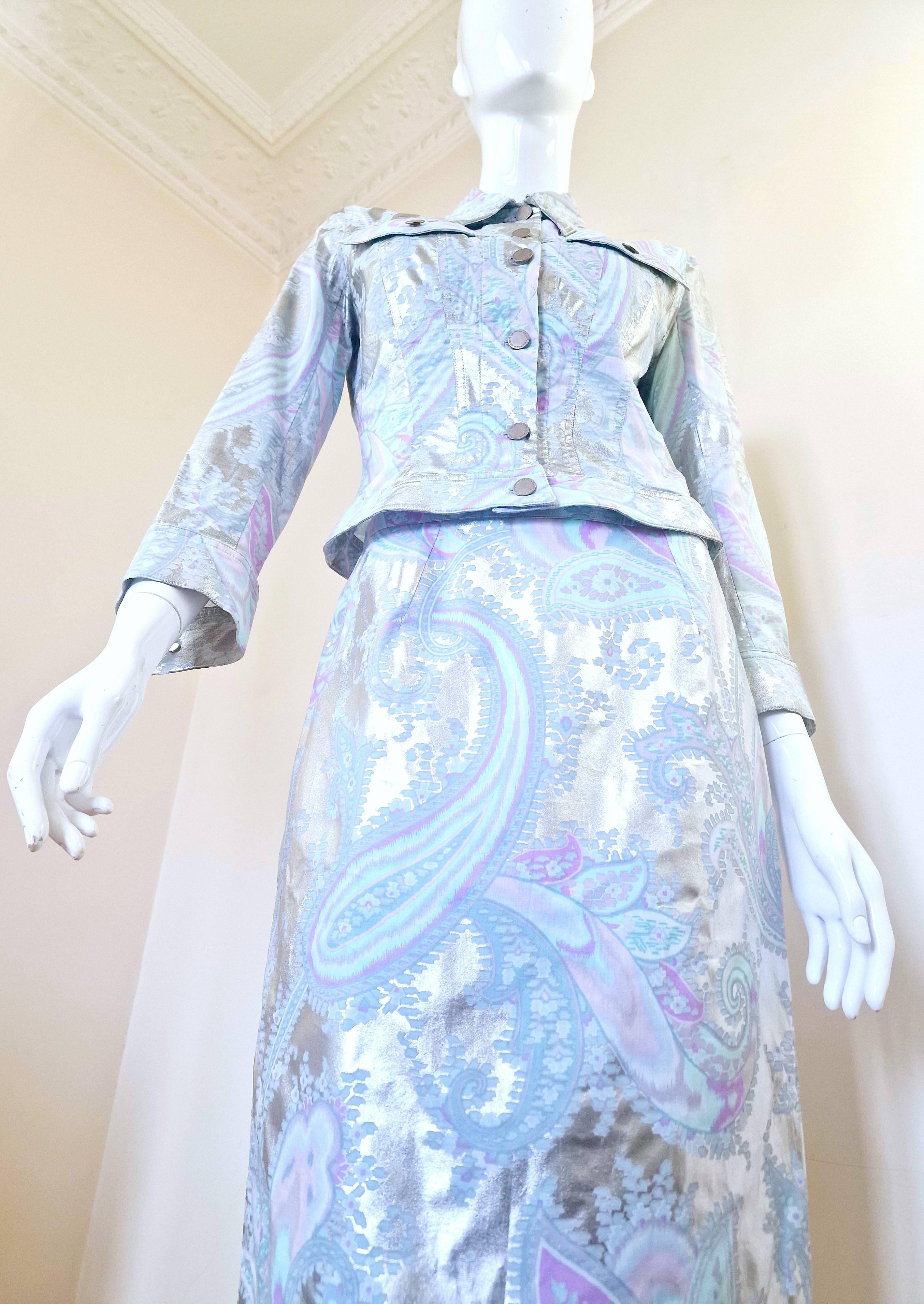 Thierry Mugler Paisley Silver Metal Shiny Blue Small Dress Set Jacket Skirt Suit For Sale 4