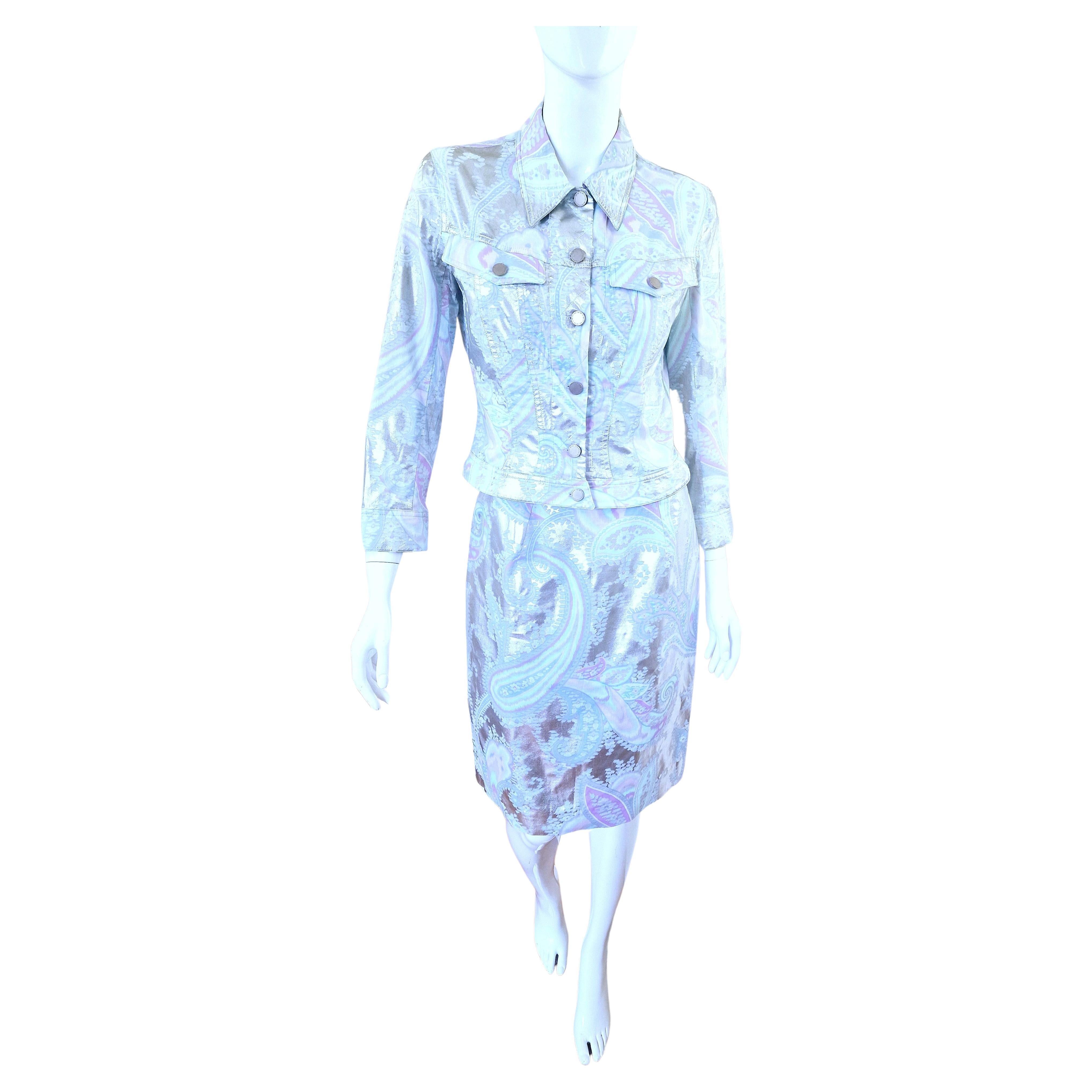 Thierry Mugler Paisley Silver Metal Shiny Blue Small Dress Set Jacket Skirt Suit For Sale