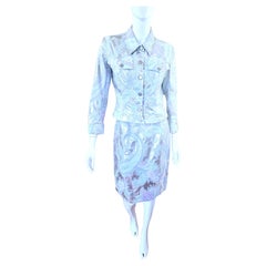 Thierry Mugler Paisley Silber Metall Glänzend Blau Kleines Kleid Set Jacke Rock Anzug