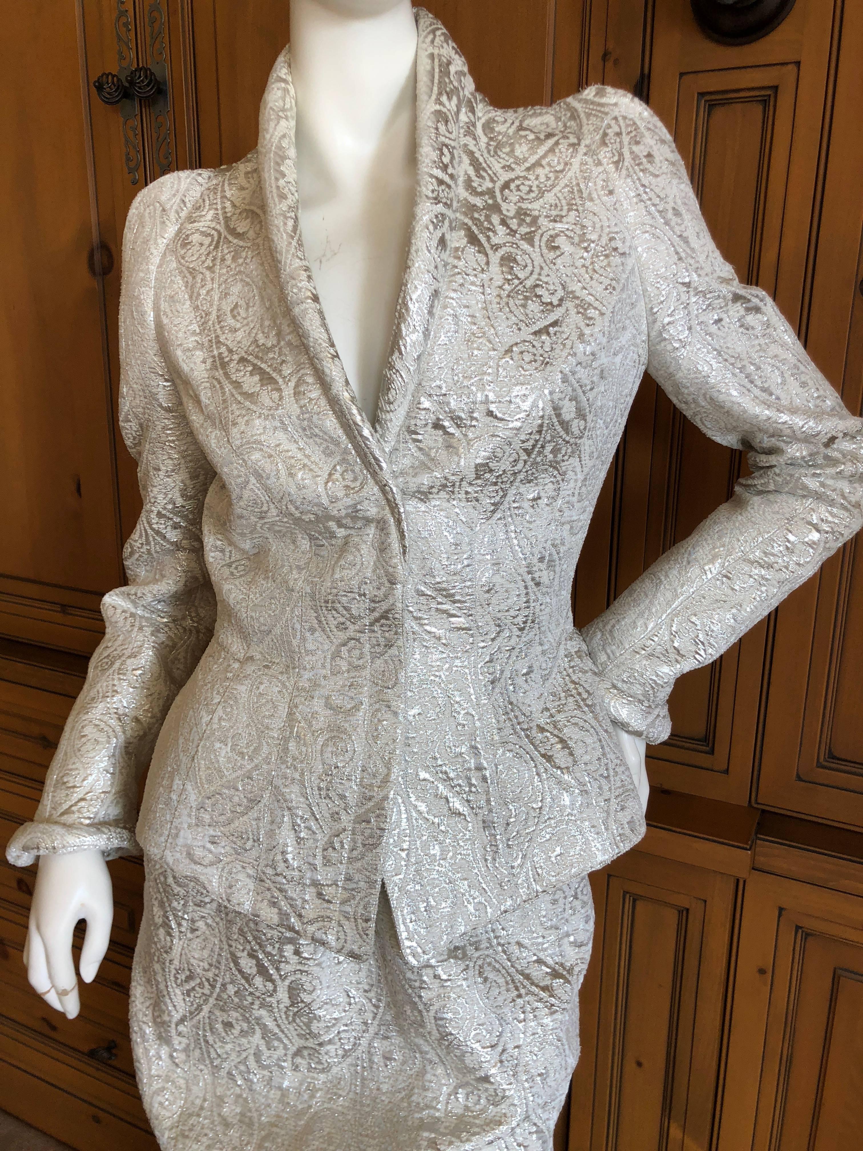 Women's Thierry Mugler Paris for Bergdorf Goodman 1980's Structured Silver Brocade Suit For Sale