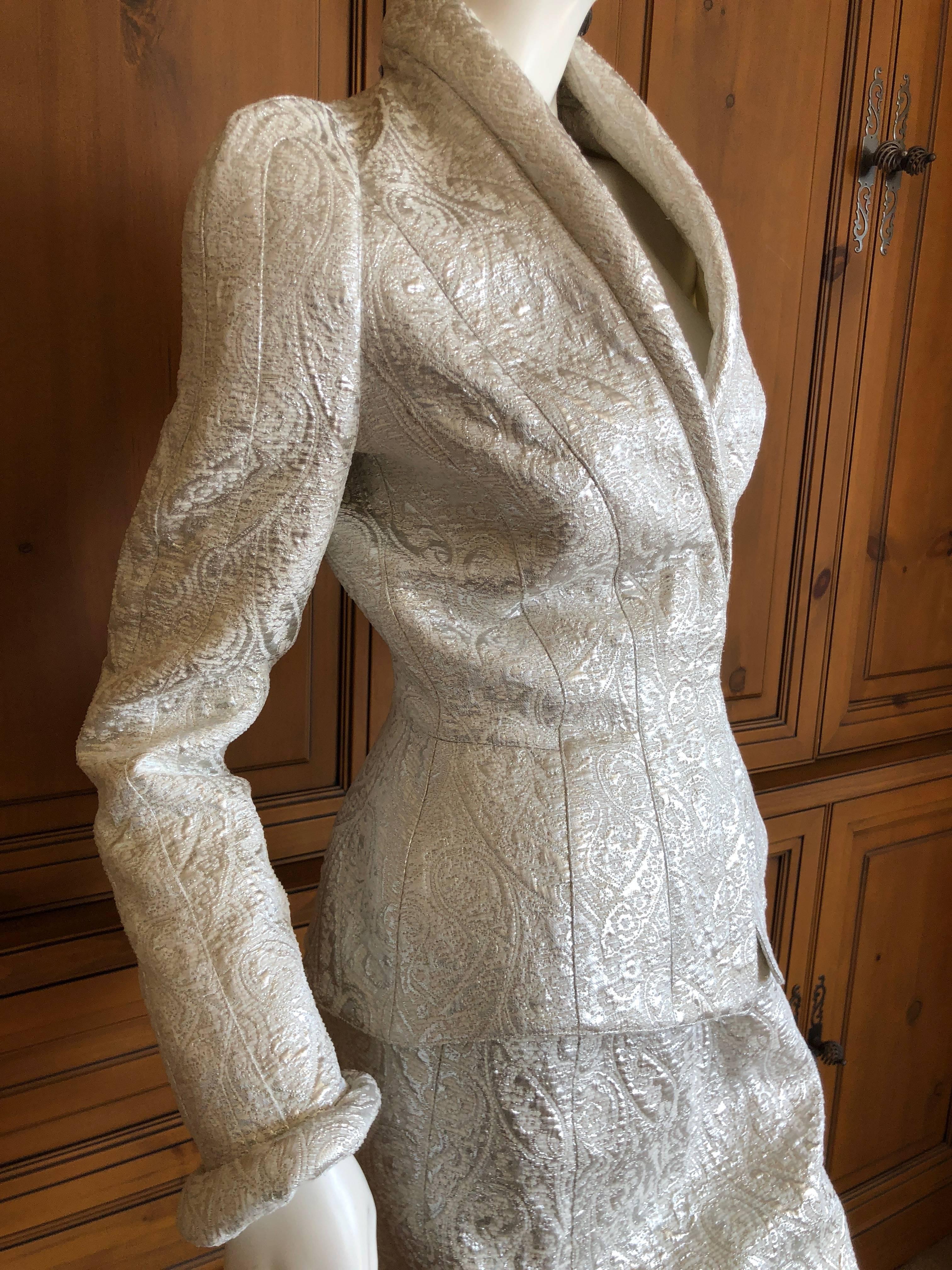 Thierry Mugler Paris for Bergdorf Goodman 1980's Structured Silver Brocade Suit For Sale 2
