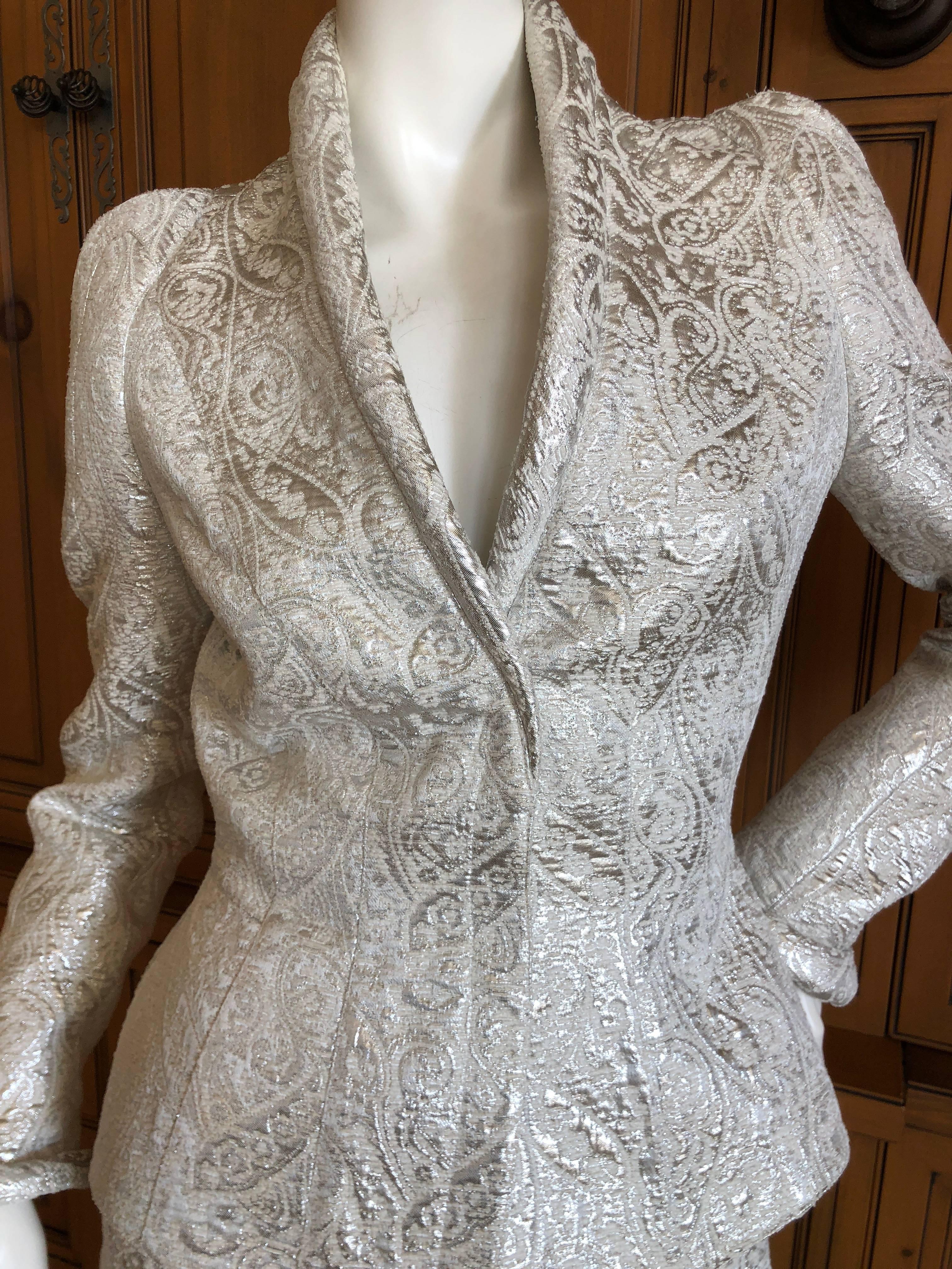 Thierry Mugler Paris for Bergdorf Goodman 1980's Structured Silver Brocade Suit For Sale 4
