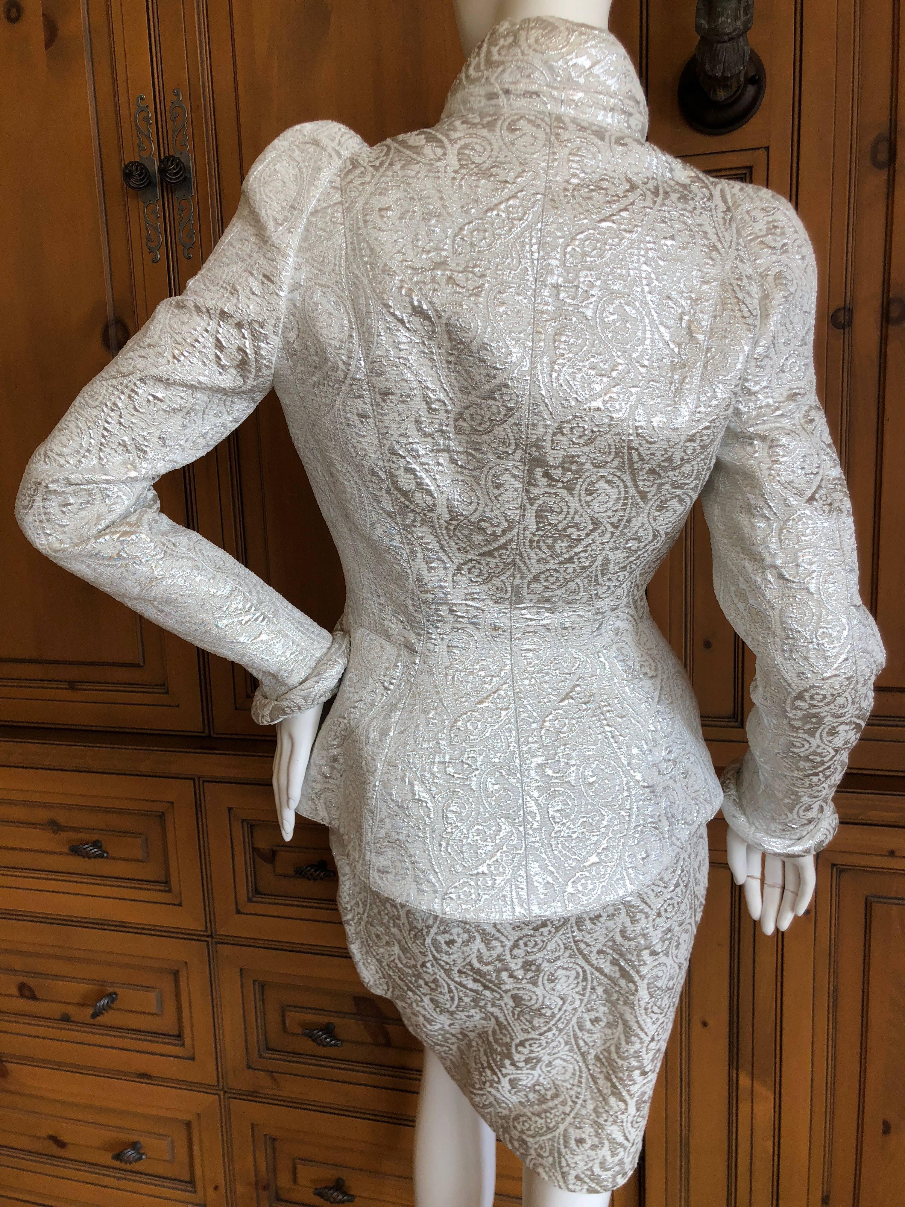 Thierry Mugler Paris for Bergdorf Goodman 1980's Structured Silver Brocade Suit For Sale 5