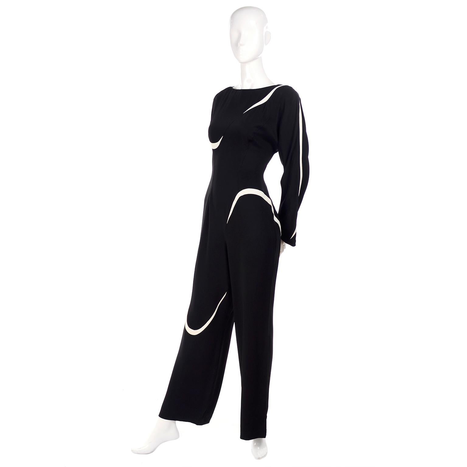 Thierry Mugler Paris Vintage Black Jumpsuit With Abstract White Swirls 3
