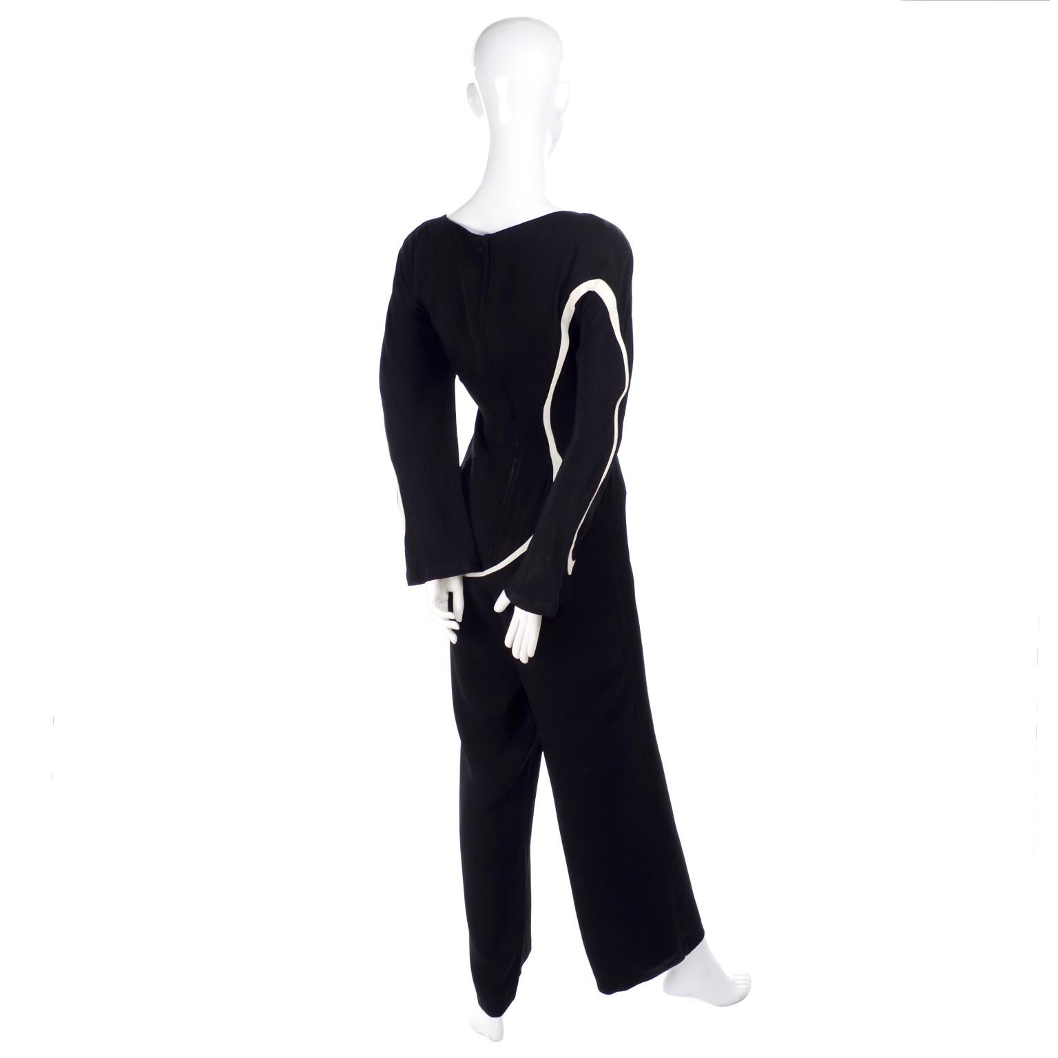 Women's Thierry Mugler Paris Vintage Black Jumpsuit With Abstract White Swirls