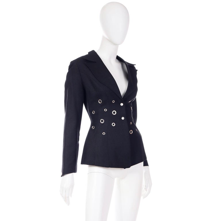 Thierry Mugler Paris Vintage Grey Black Jacket With Silver Grommets In Excellent Condition For Sale In Portland, OR