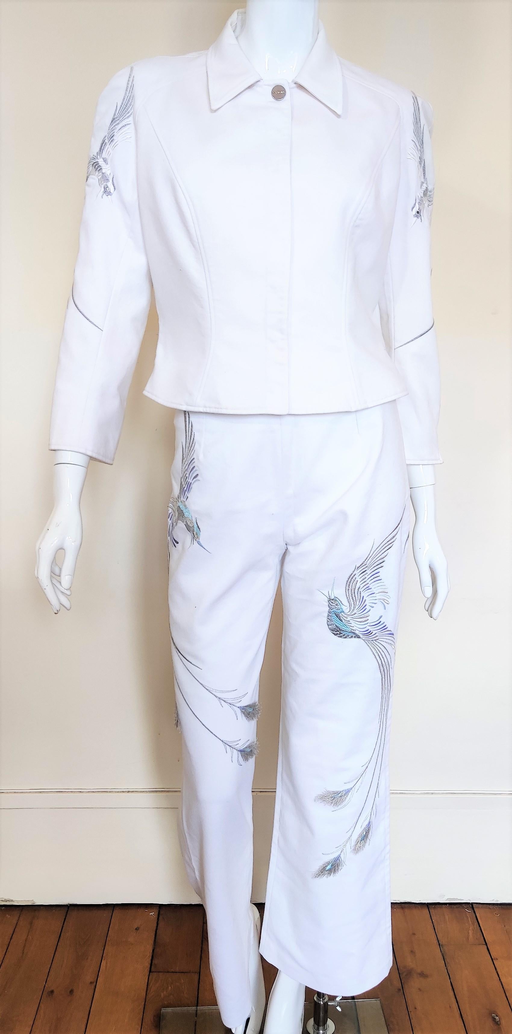 Gris Thierry Mugler - Ensemble veste et pantalon couture blanc paon avec imprimé en vente