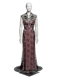 Thierry Mugler Pink & Black Lace, Satin & Velvet Corset Evening Dress, FW 1999