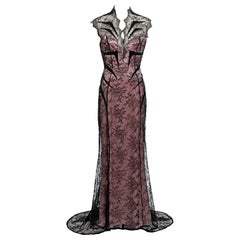 Thierry Mugler Pink & Black Lace, Satin & Velvet Corset Evening Dress, FW 1999