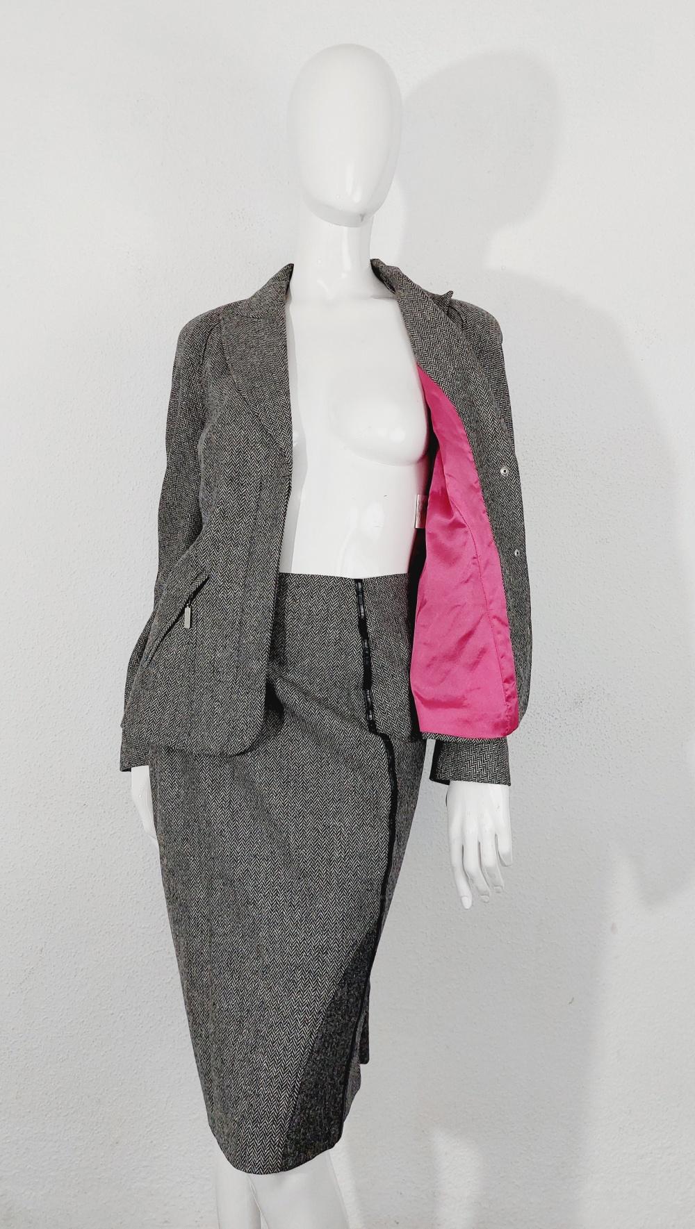 Thierry Mugler Pink Grey Shiny Jacket Gleam Sparkling Skirt Blazer Fomral Suit 5