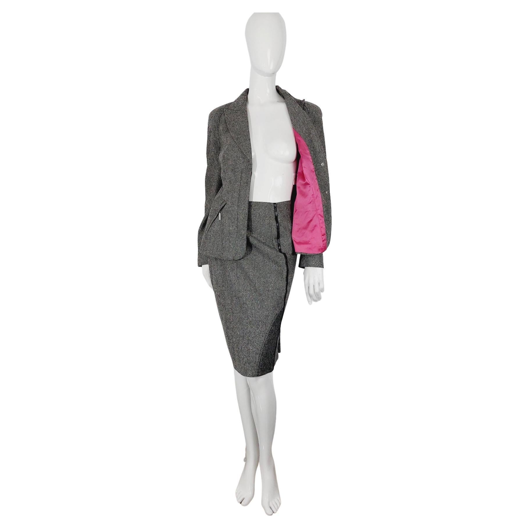Thierry Mugler Pink Grey Shiny Jacket Gleam Sparkling Skirt Blazer Fomral Suit