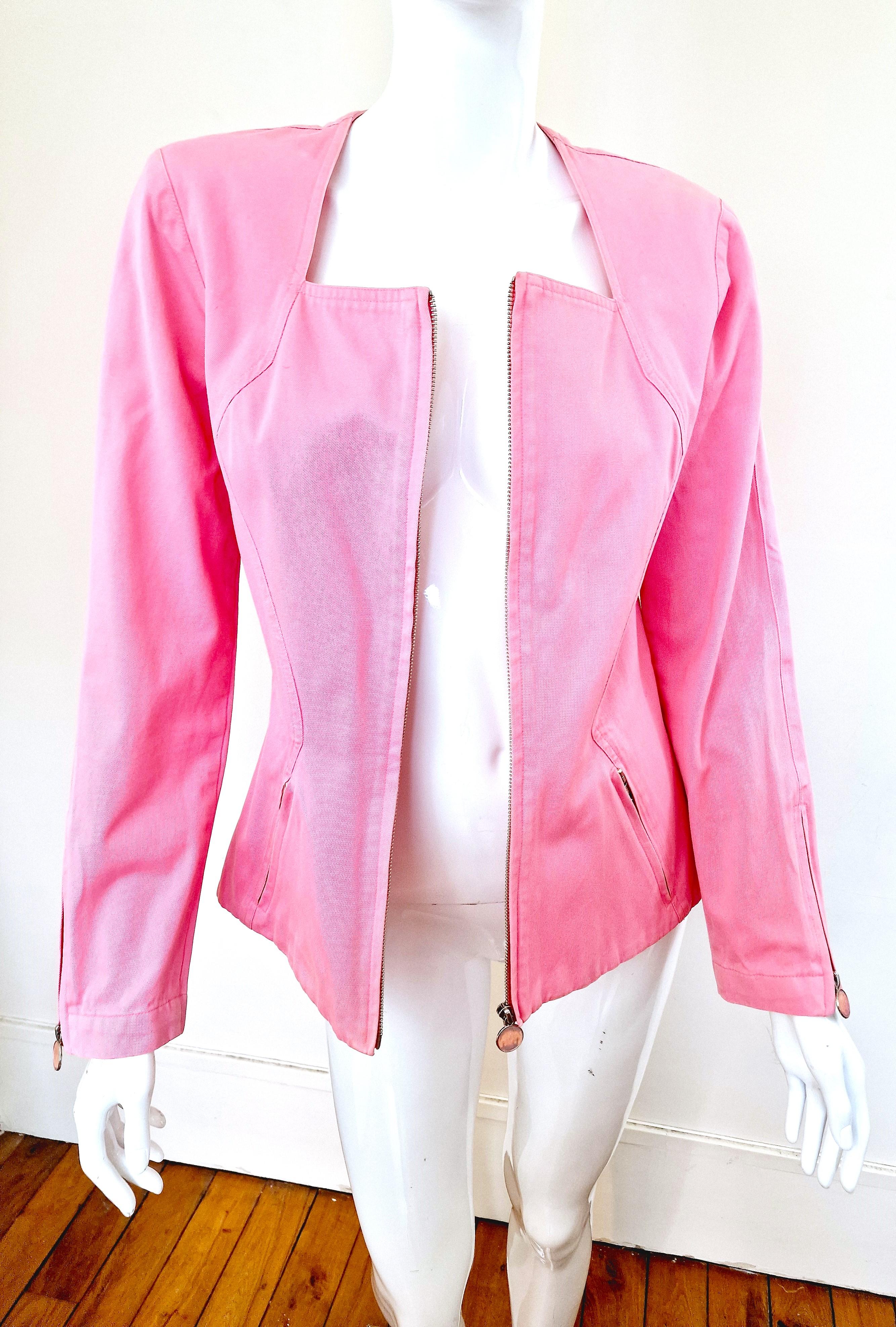 Thierry Mugler Pink Rose Wasp Waist Bee Belt Vintage Trademark Medium Jacket For Sale 7