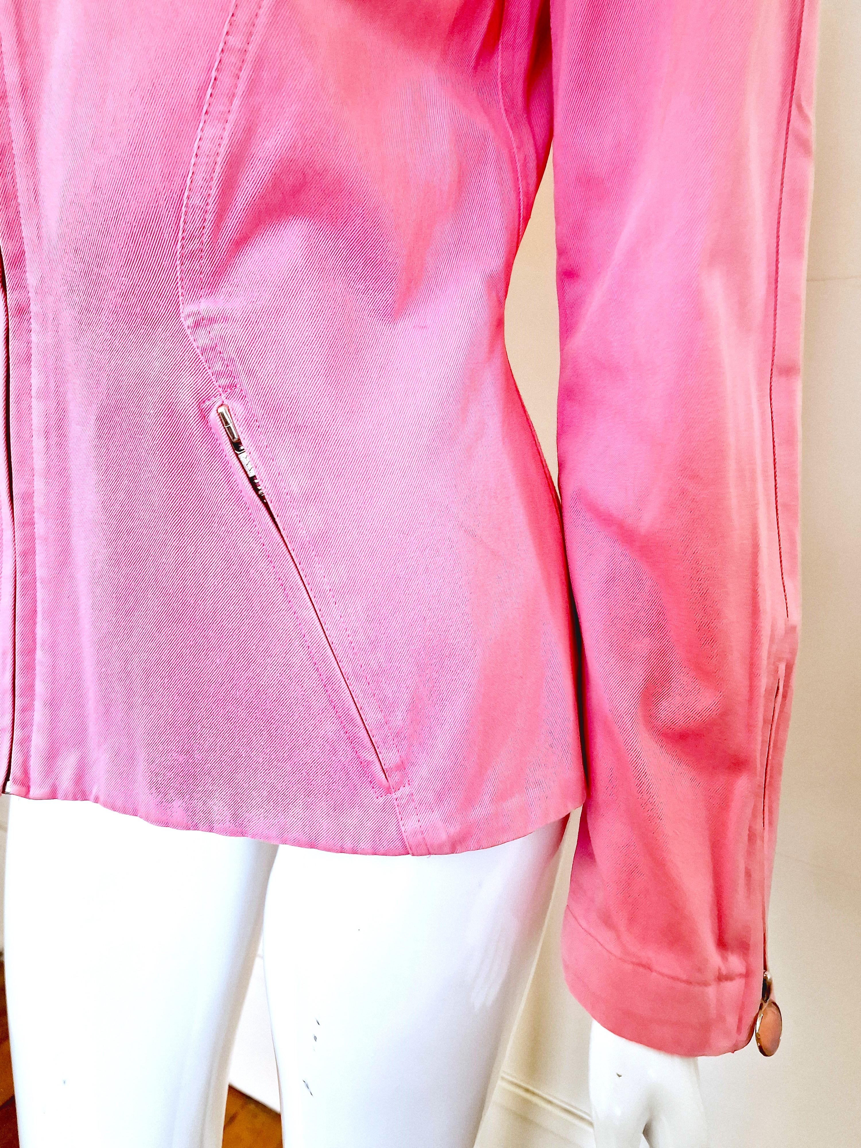 Thierry Mugler Pink Rose Wasp Waist Bee Belt Vintage Trademark Medium Jacket In Excellent Condition For Sale In PARIS, FR