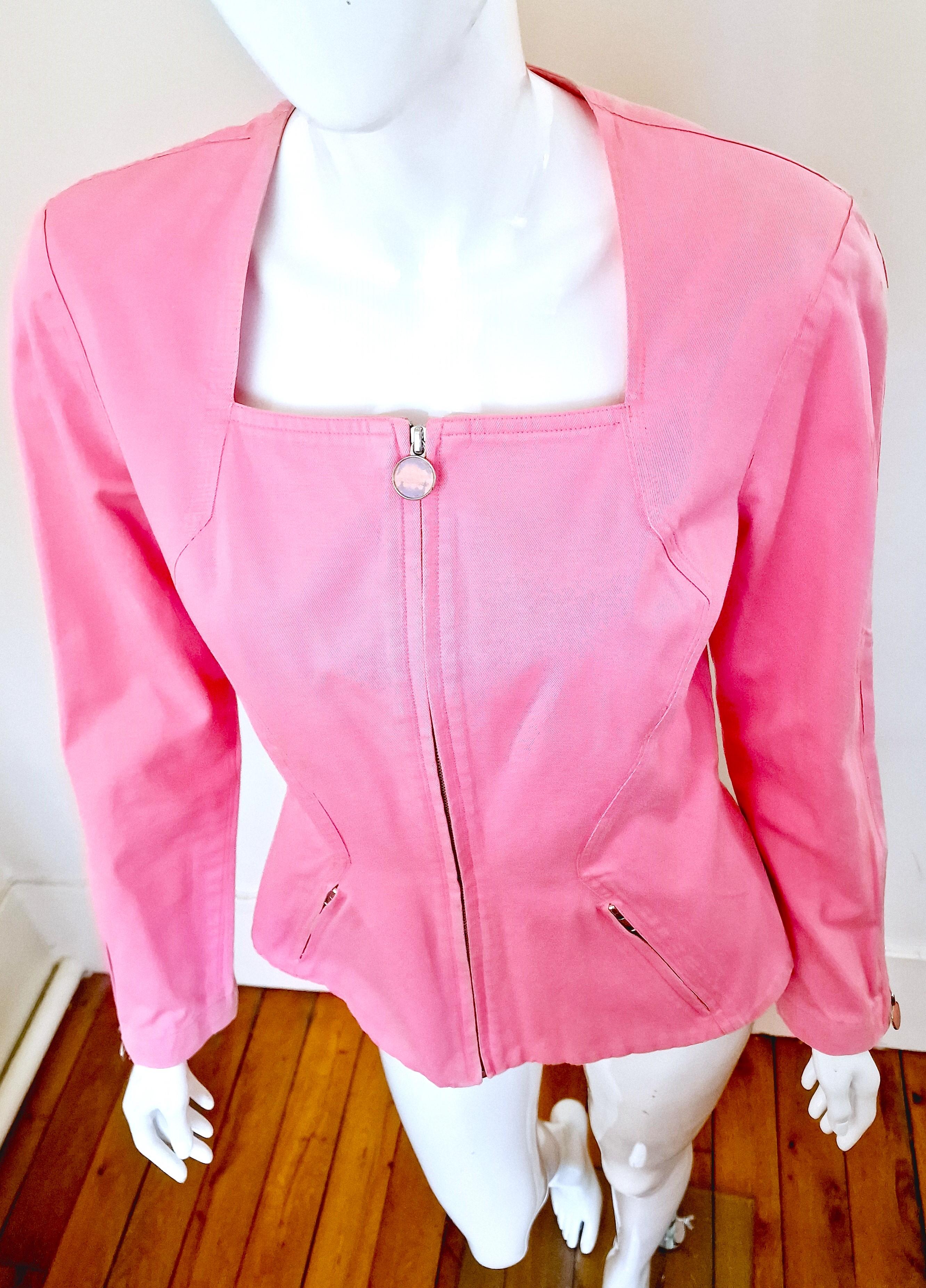 Women's Thierry Mugler Pink Rose Wasp Waist Bee Belt Vintage Trademark Medium Jacket For Sale