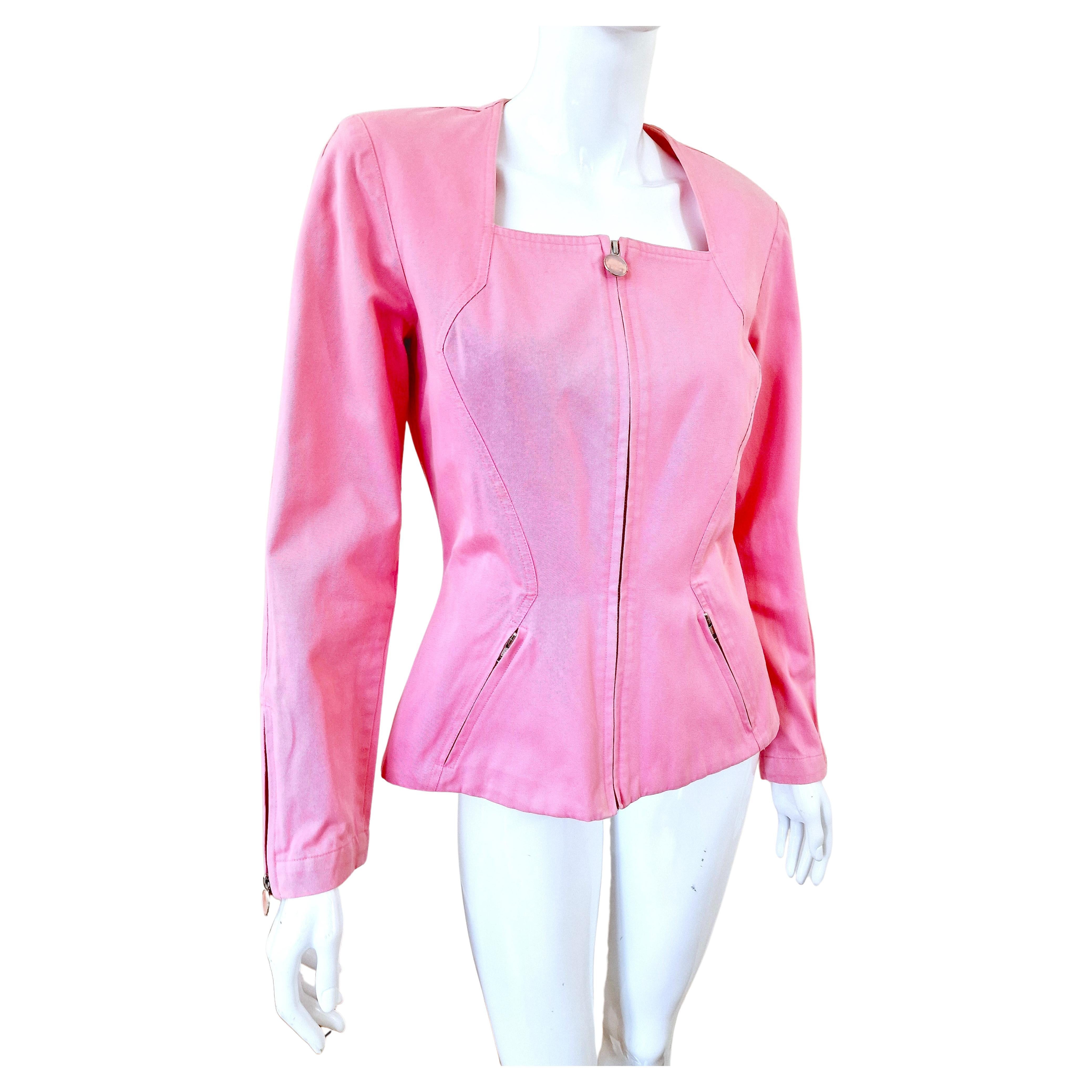 Thierry Mugler Pink Rose Wasp Waist Bee Belt Vintage Trademark Medium Jacket For Sale