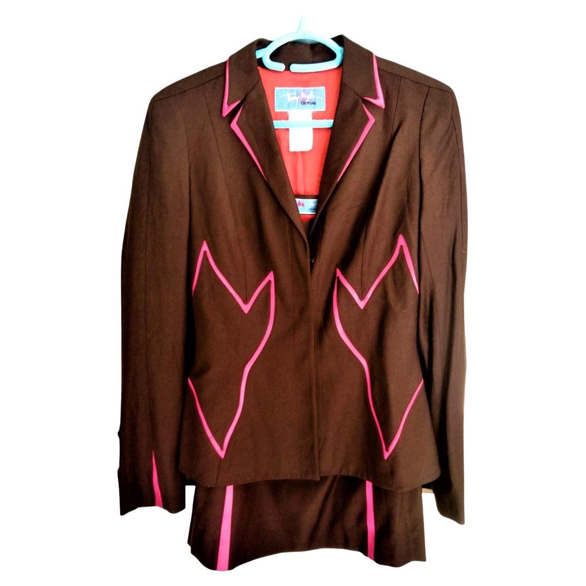 80s Thierry Mugler Couture Wool And Hot Pink Silk Insets Wasp Waist Dramatic Set Jacket Blazer Skirt Ensemble

Super striking 1980s black silk and wool Thierry Mugler couture jacket + skirt.
This set is amazing! And as always with vintage Mugler it