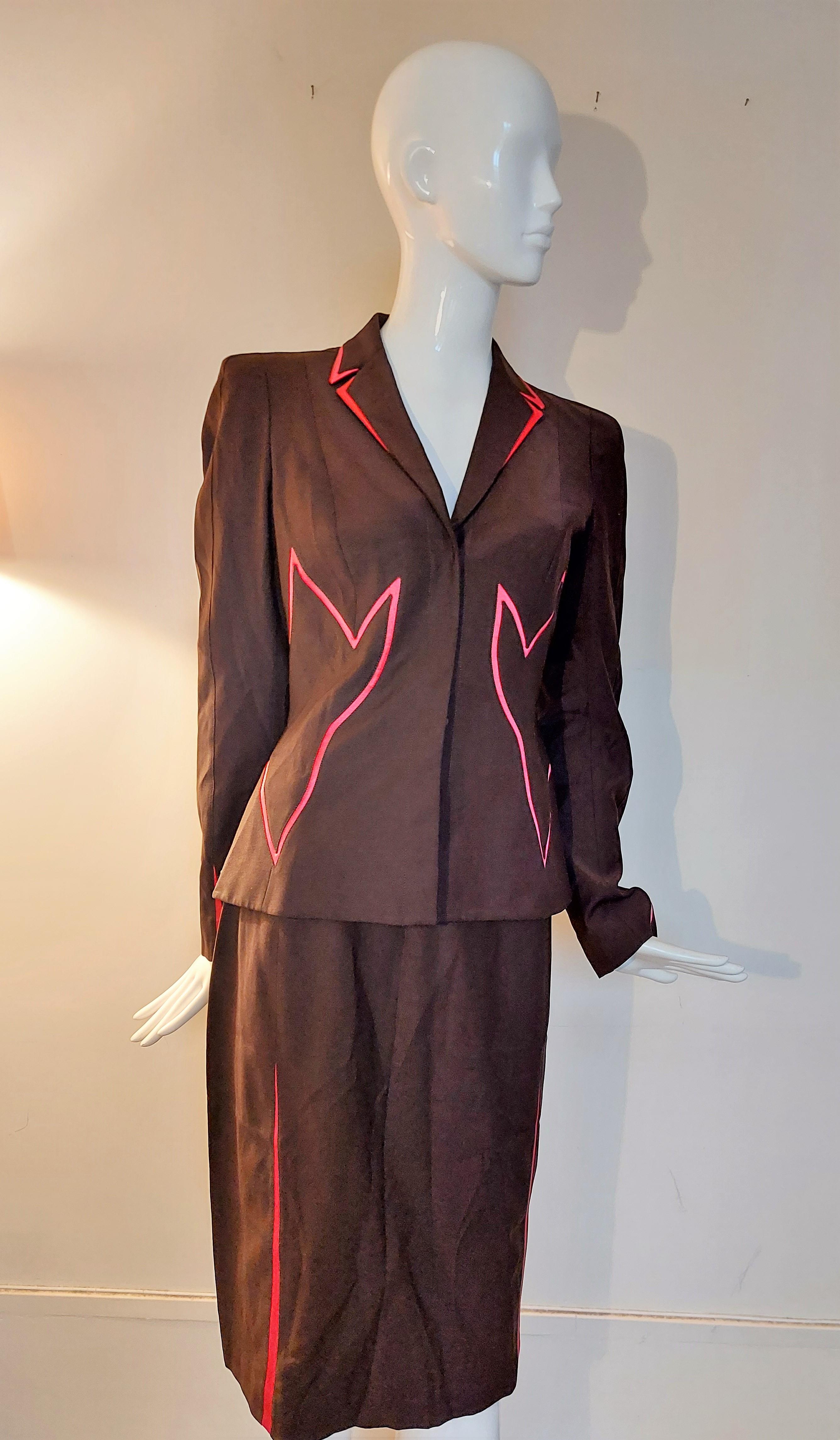 Thierry Mugler Pink Silk Insets Wasp Waist Dramatic Set Jacket Blazer Skirt Suit 1