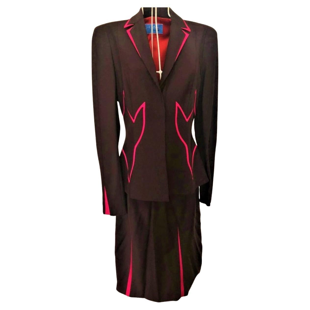 Thierry Mugler Pink Silk Insets Wasp Waist Dramatic Set Jacket Blazer Skirt Suit