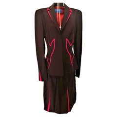 Vintage Thierry Mugler Pink Silk Insets Wasp Waist Dramatic Set Jacket Blazer Skirt Suit